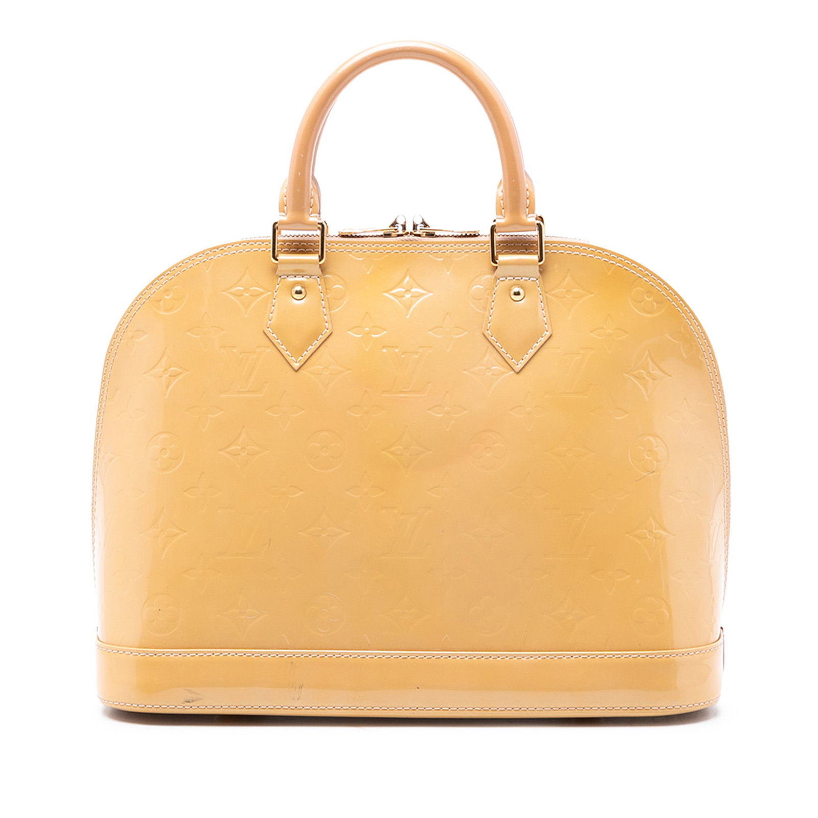 Louis Vuitton Alma PM Vernis Leather Satchel in Beige Monogram: Louis Vuitton Alma PM Vernis Leather Satchel in Beige Monogram This Louis Vuitton Monogram Vernis Alma PM features a glossy vernis leather body in beige, rolled handles, a top zip closure, and interio