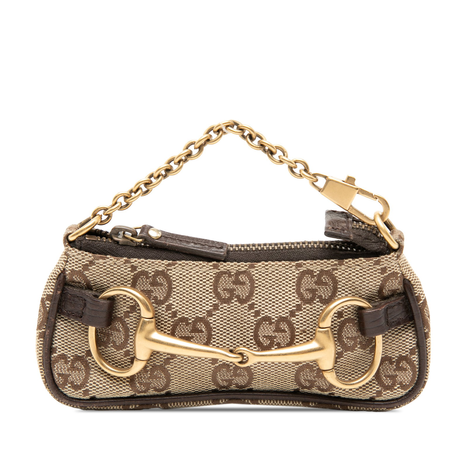 Gucci Beige Mini GG Canvas Coin Purse with Horsebit and Chain Strap: Gucci Beige Mini GG Canvas Coin Purse with Horsebit and Chain Strap This Gucci coin pouch features a canvas body with signature horsebit detailing, a detachable gold-tone curb chain link strap, and a 