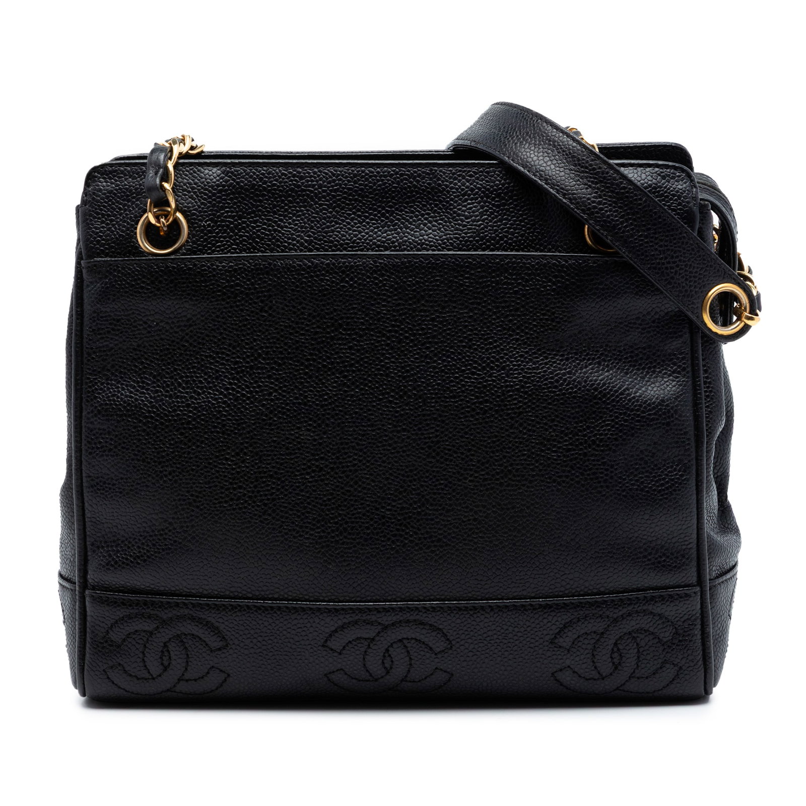 Chanel black caviar leather tote with chain straps: Chanel black caviar leather tote with chain straps This Chanel Triple CC Caviar Tote is crafted from black caviar leather and features chain link straps with a leather guard. The bag is designed with 