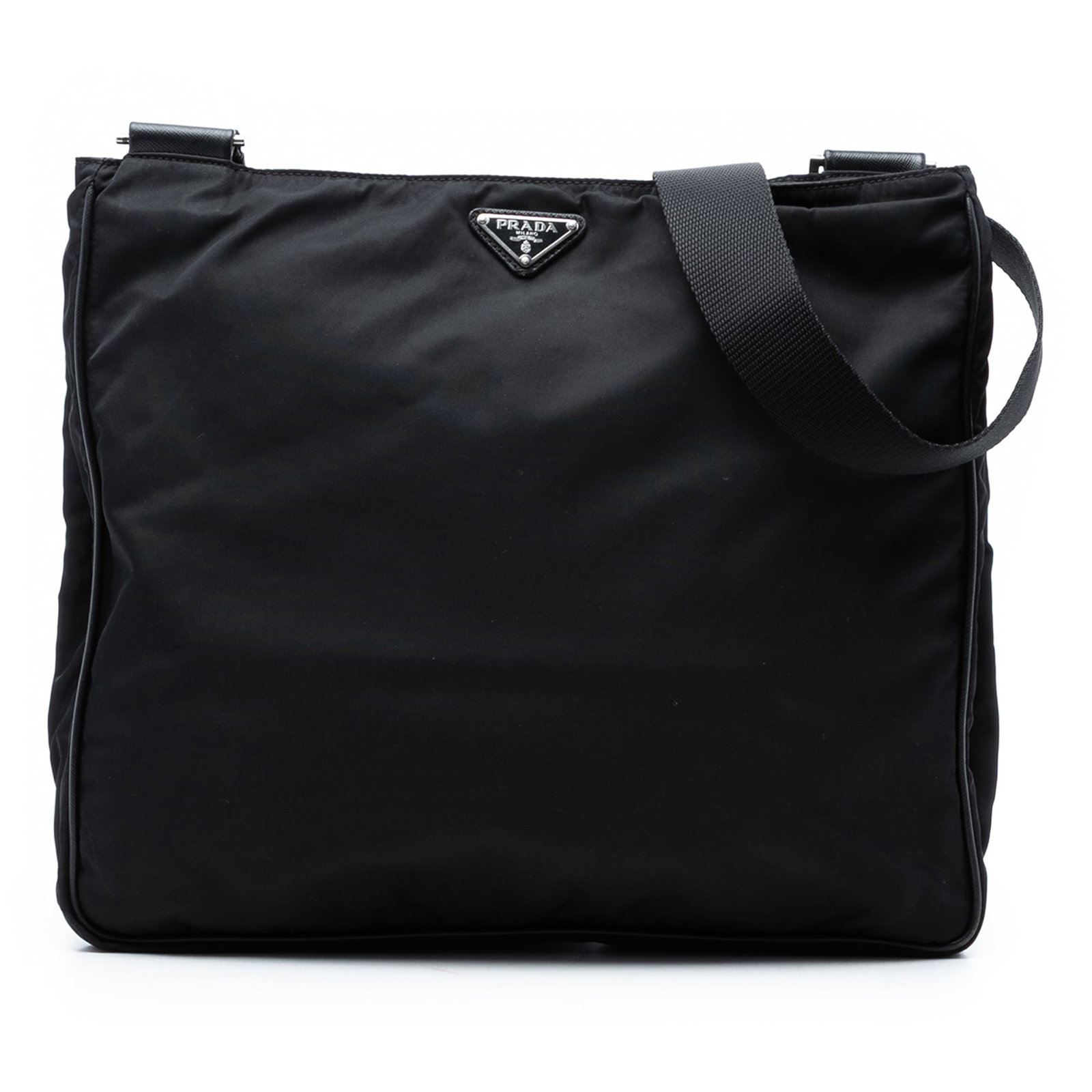 Prada Tessuto Nylon Black Crossbody Bag: Prada Tessuto Nylon Black Crossbody Bag This Prada Tessuto Zip Top Crossbody bag features a durable black nylon body with leather trim. It is designed with an adjustable flat strap for comfortable wea