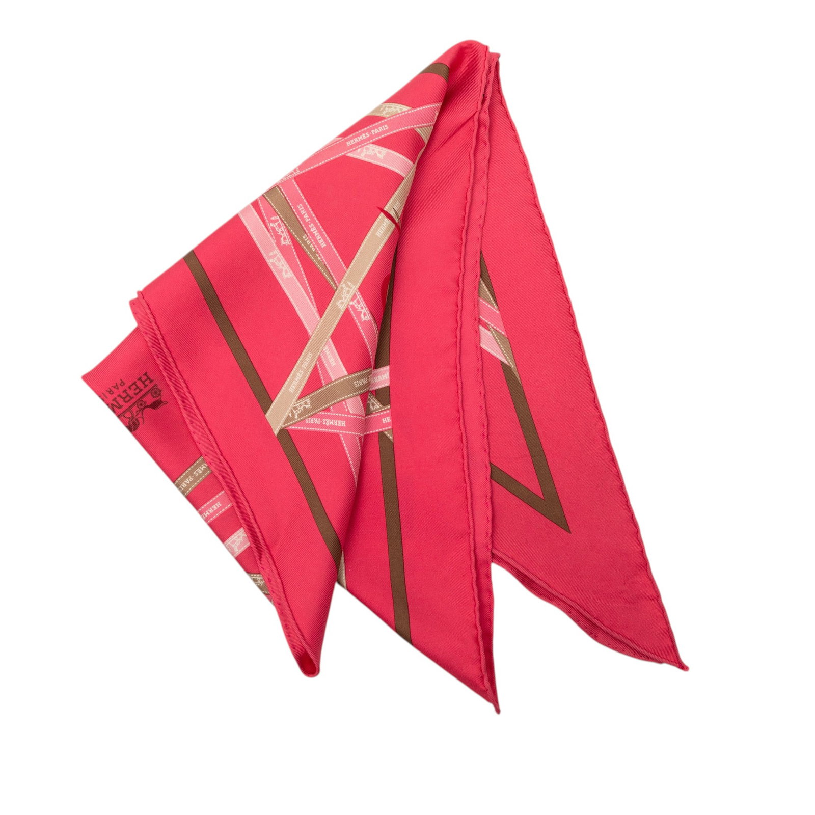 Hermes Bolduc Pink Silk Triangle Scarf 90: Hermes Bolduc Pink Silk Triangle Scarf 90 This Hermes Bolduc Silk Pointu Triangle Scarf 90 features the iconic Bolduc print in pink on 100% silk. Crafted in France, this accessory is designed in a dis