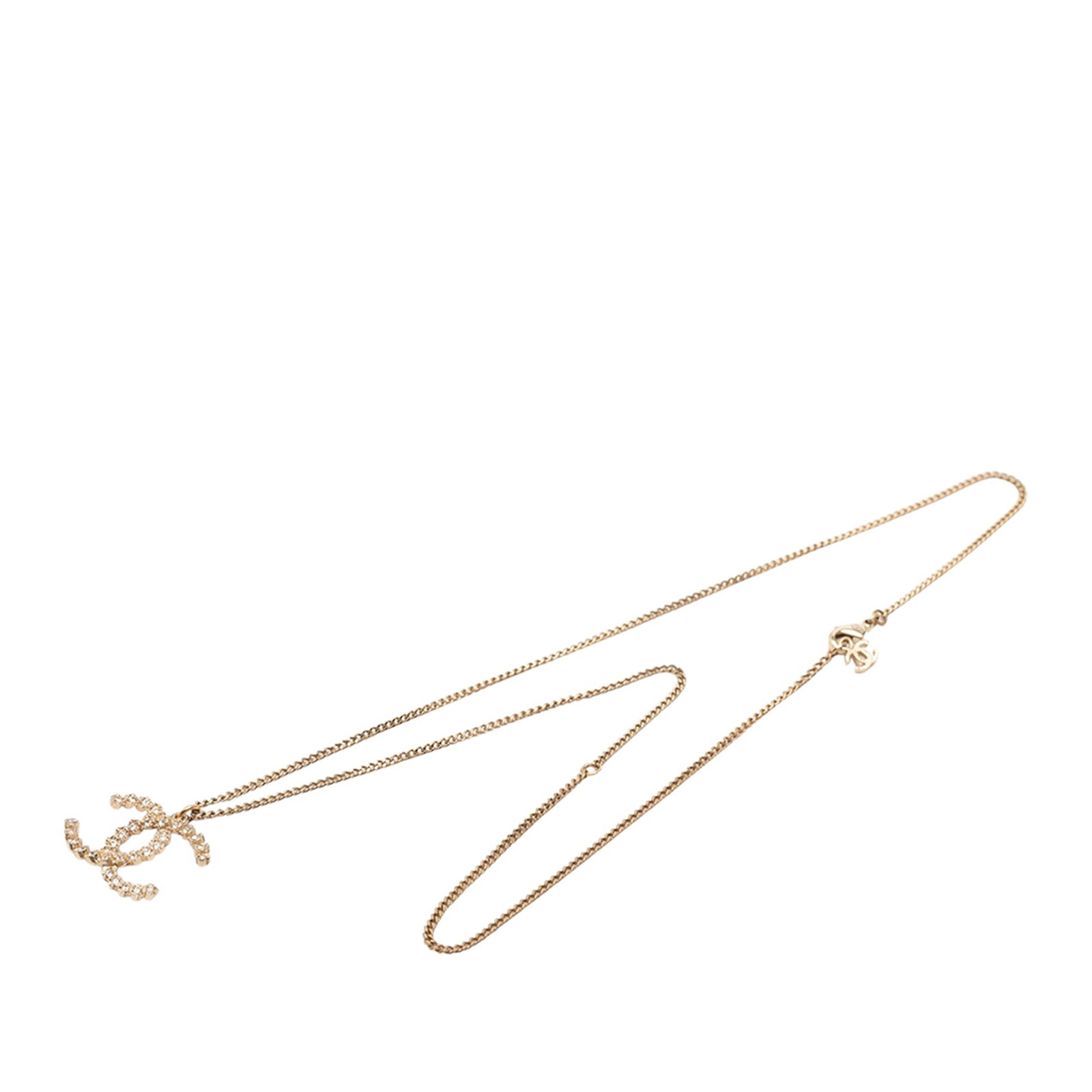 Chanel CC Gold Tone Rhinestone Pendant Necklace: Chanel CC Gold Tone Rhinestone Pendant Necklace This Chanel necklace features a gold-tone pendant adorned with rhinestones, suspended from a matching gold-tone chain. It is secured with a lobster claw
