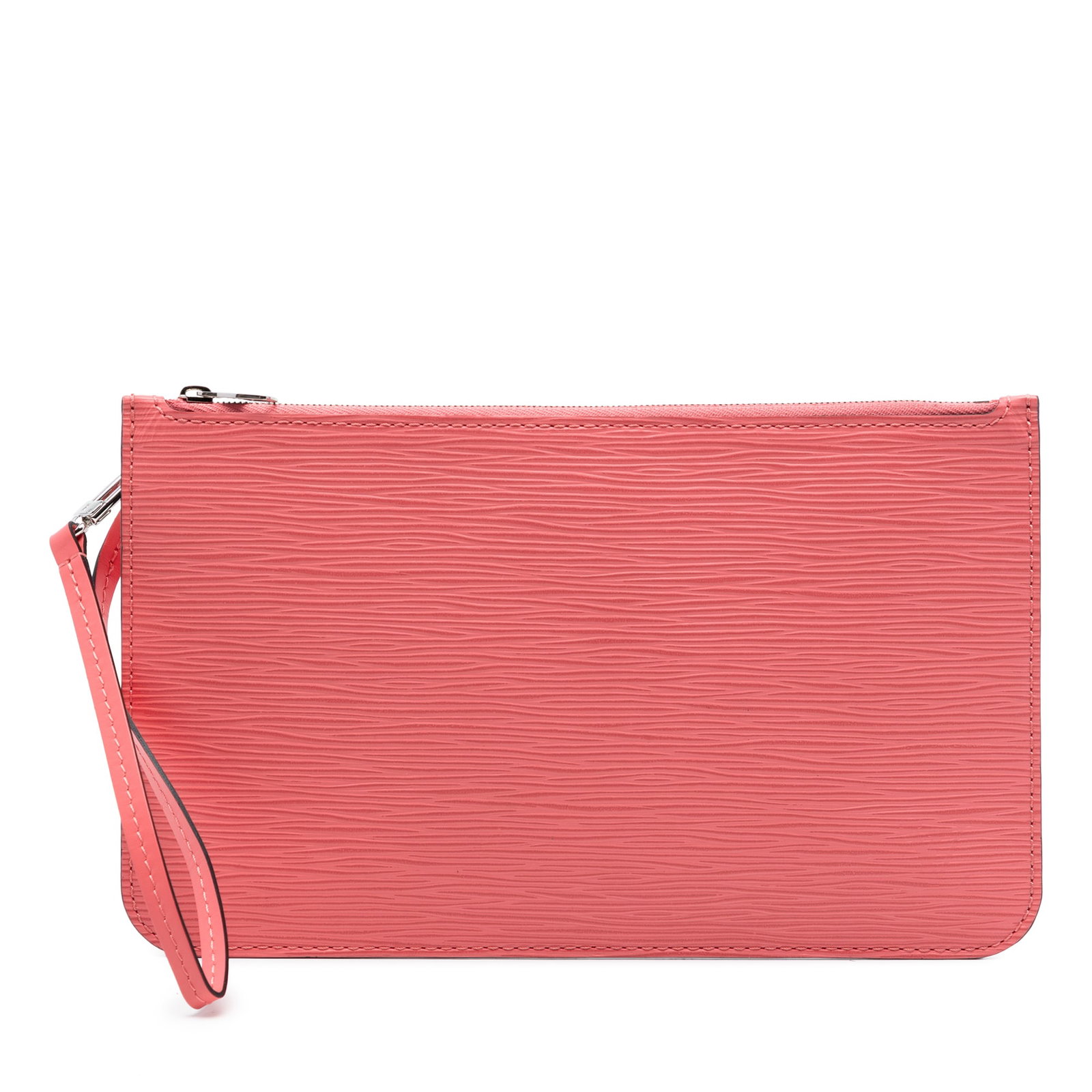 Louis Vuitton Epi Pink Leather Wristlet Pouch: Louis Vuitton Epi Pink Leather Wristlet Pouch This Louis Vuitton Epi Neverfull Pouch is crafted from epi leather in a pink hue and features a detachable flat leather wrist strap, a secure top zip clos