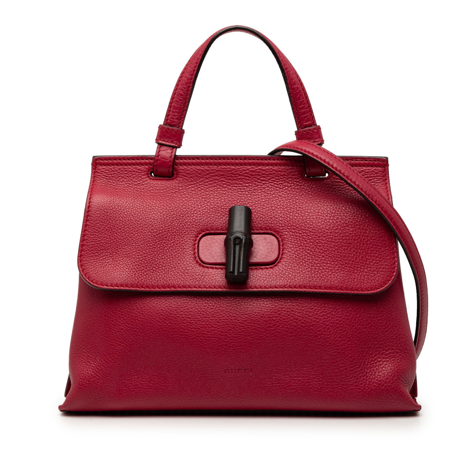 Gucci Red Leather Bamboo Twist Lock Satchel: Gucci Red Leather Bamboo Twist Lock Satchel This Gucci Medium Leather Bamboo Daily Satchel features a red leather body with a flat top handle and a detachable flat leather strap. The bag is designed w