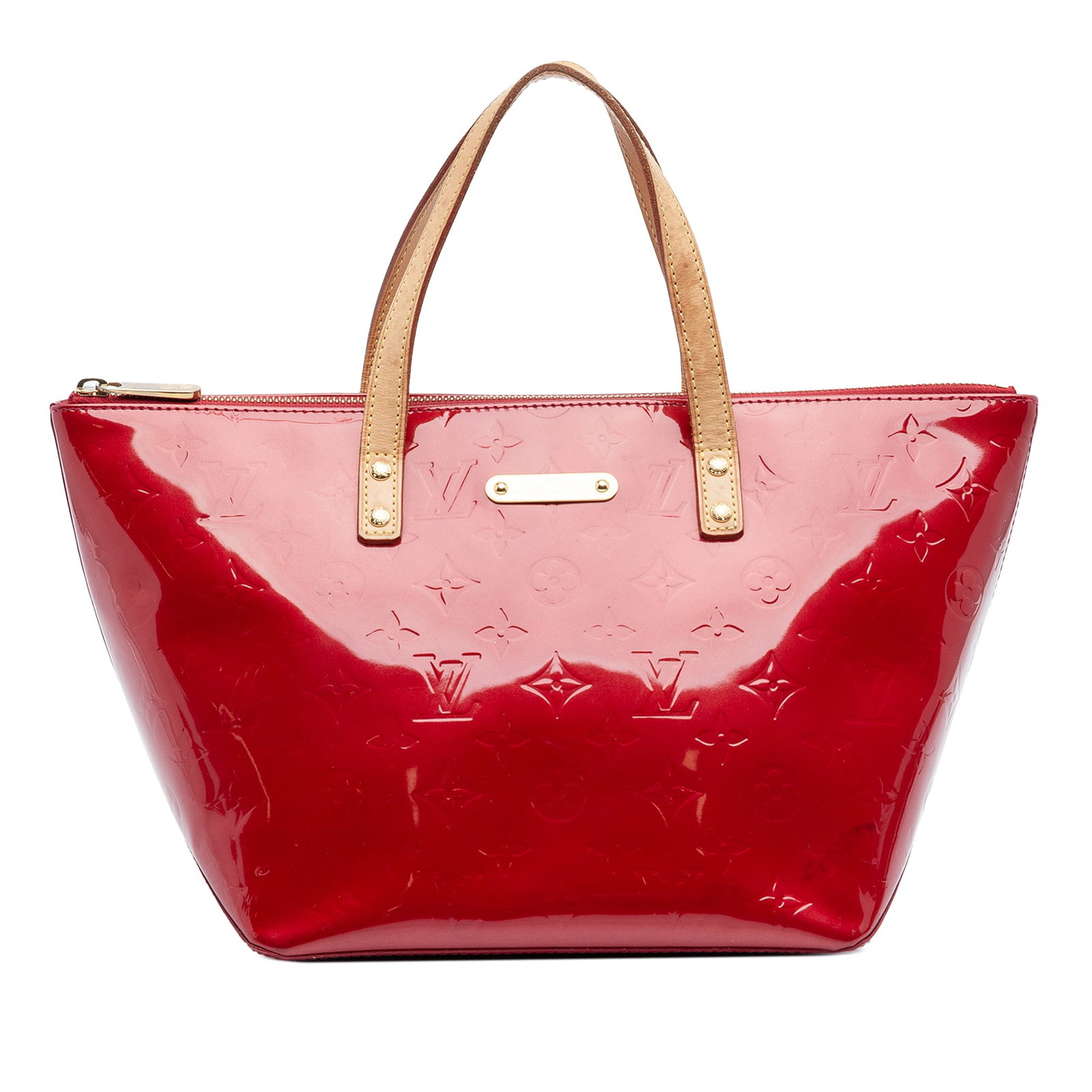 Red Vernis Leather Bellevue PM Tote Bag by Louis Vuitton: Red Vernis Leather Bellevue PM Tote Bag by Louis Vuitton This Louis Vuitton Monogram Vernis Bellevue PM is crafted from monogram vernis leather in red and features flat vachetta leather handles, a top