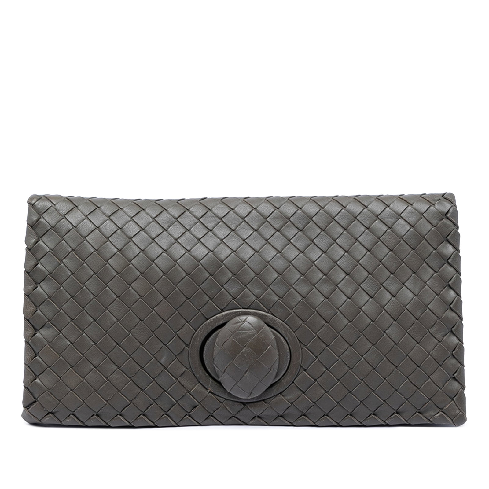 Bottega Veneta Gray Intrecciato Nappa Leather Turn Lock Clutch: Bottega Veneta Gray Intrecciato Nappa Leather Turn Lock Clutch This Bottega Veneta clutch features the brand's signature woven nappa leather design, complemented by a front flap with a turn lock closu