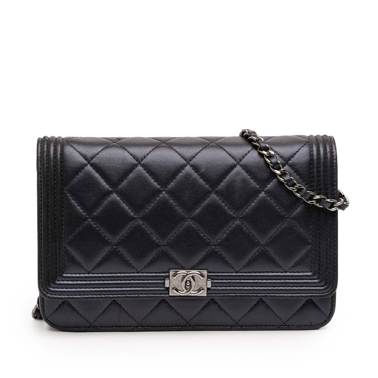 Chanel Boy Wallet on Chain Blue Quilted Lambskin Leather Crossbody Bag: Chanel Boy Wallet on Chain Blue Quilted Lambskin Leather Crossbody Bag This Chanel Boy Wallet On Chain features a quilted lambskin leather exterior in blue with a leather-woven chain strap and a front