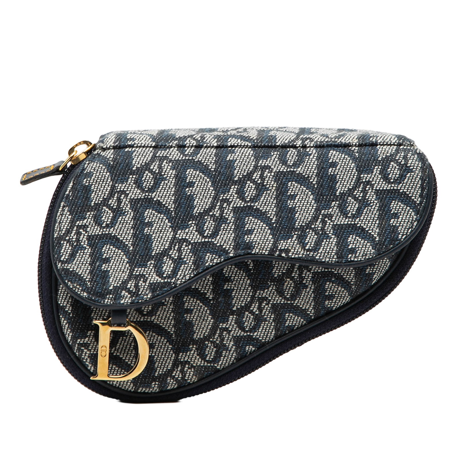 Dior Diorissimo Blue Canvas Saddle Pouch with Leather Trim: Dior Diorissimo Blue Canvas Saddle Pouch with Leather Trim This Diorissimo Canvas Saddle Pouch features a canvas body with leather trim, a front flap, and a zip-around closure. The pouch is crafted in