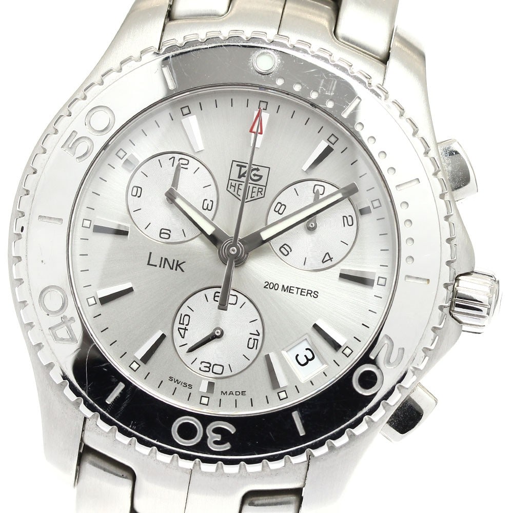 TAG Heuer Link Quartz Chronograph Men's Stainless Steel Watch CJ1111: TAG Heuer Link Quartz Chronograph Men's Stainless Steel Watch CJ1111 This TAG Heuer Link Chronograph Quartz men's wristwatch, model CJ1111, features a stainless steel case and band with a silver dial.
