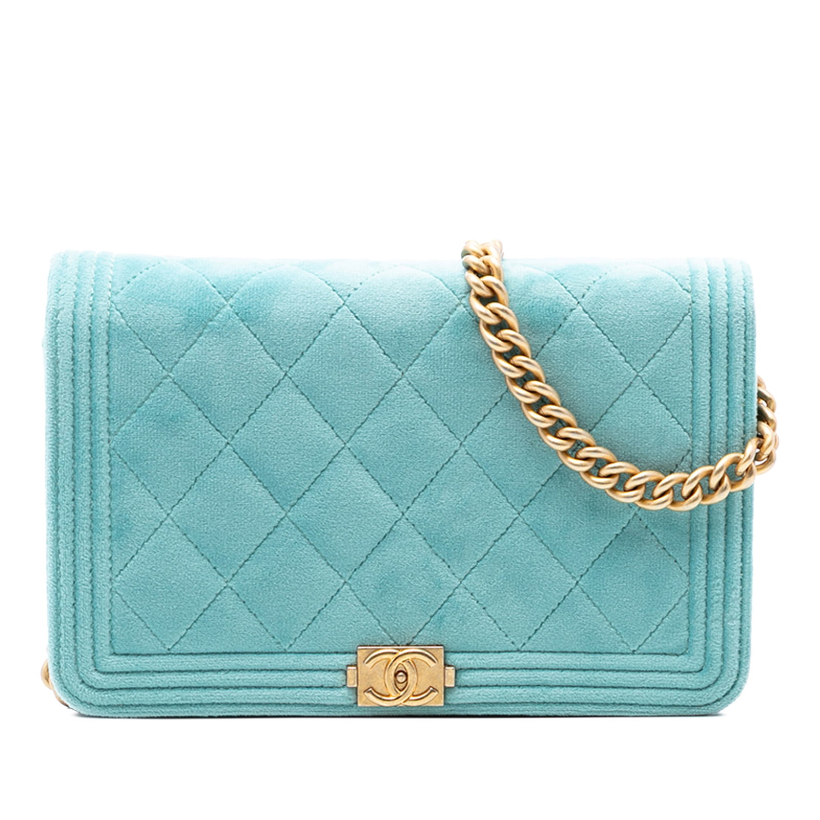 Chanel Boy Wallet On Chain Quilted Velvet Blue Bag: Chanel Boy Wallet On Chain Quilted Velvet Blue Bag This Chanel Quilted Velvet Boy Wallet On Chain showcases a blue quilted velvet exterior with a chain link strap and a front flap secured by a magneti