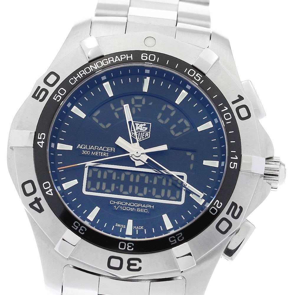 TAG Heuer Aquaracer Chronotimer Quartz Chronograph Men's Steel Watch CAF1010: TAG Heuer Aquaracer Chronotimer Quartz Chronograph Men's Steel Watch CAF1010 This TAG Heuer Aquaracer Chronotimer men's wristwatch features a stainless steel case and bracelet with a black dial. Power