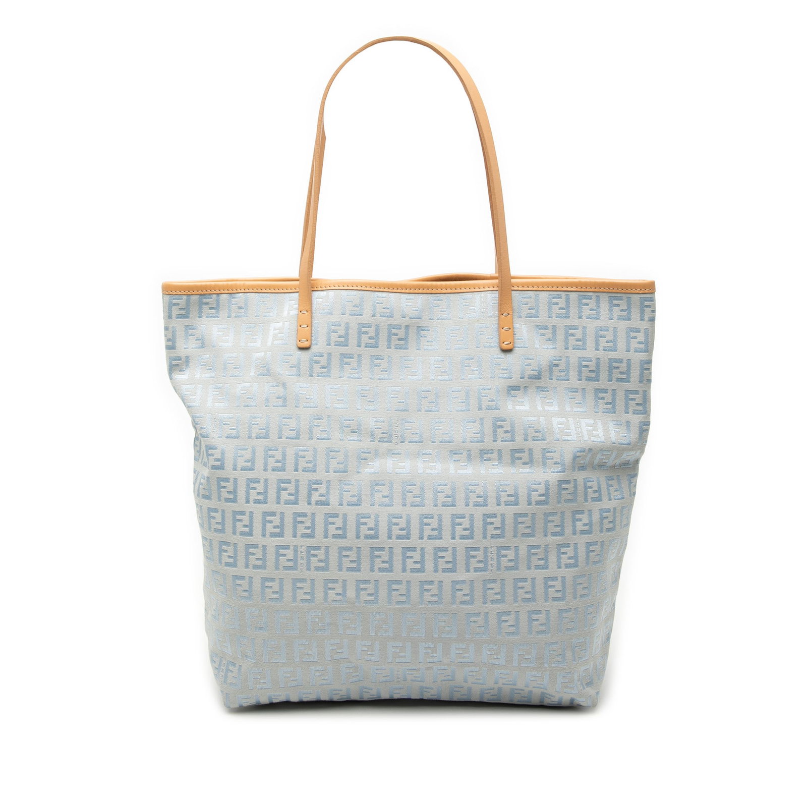 Fendi Zucchino Canvas Tote Blue Leather Trim: Fendi Zucchino Canvas Tote Blue Leather Trim This Fendi Small Zucchino Canvas Roll Tote features a blue canvas body accented with leather trim and flat leather straps. The tote is designed with an ope