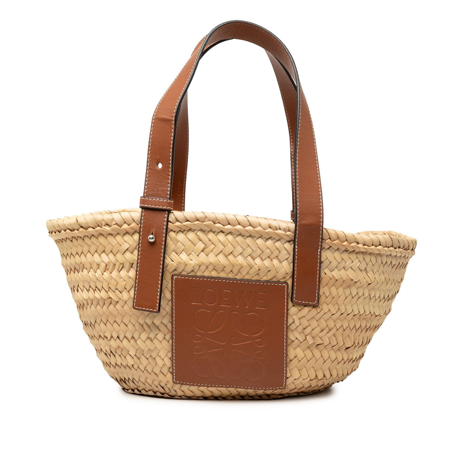 LOEWE raffia leather basket tote small Anagram: LOEWE raffia leather basket tote small Anagram This LOEWE Small Raffia Anagram Basket Tote is crafted with a combination of natural raffia and leather, featuring adjustable flat leather shoulder strap