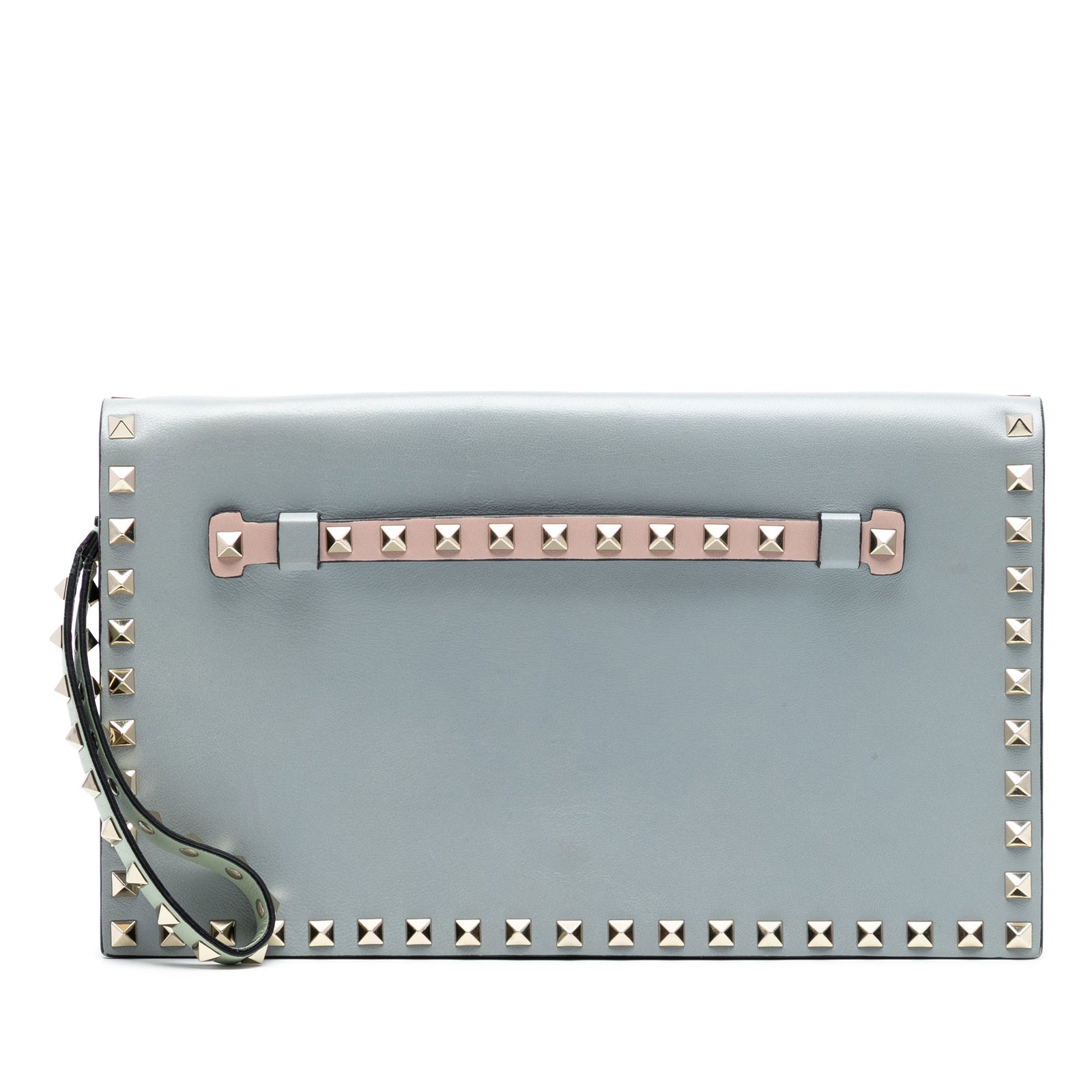 Valentino Leather Wristlet Bag with Studded Tricolor Design: Valentino Leather Wristlet Bag with Studded Tricolor Design This Valentino Tricolor Rockstud Wristlet Clutch features a blue tricolor leather body adorned with metal stud accents. It is designed with 