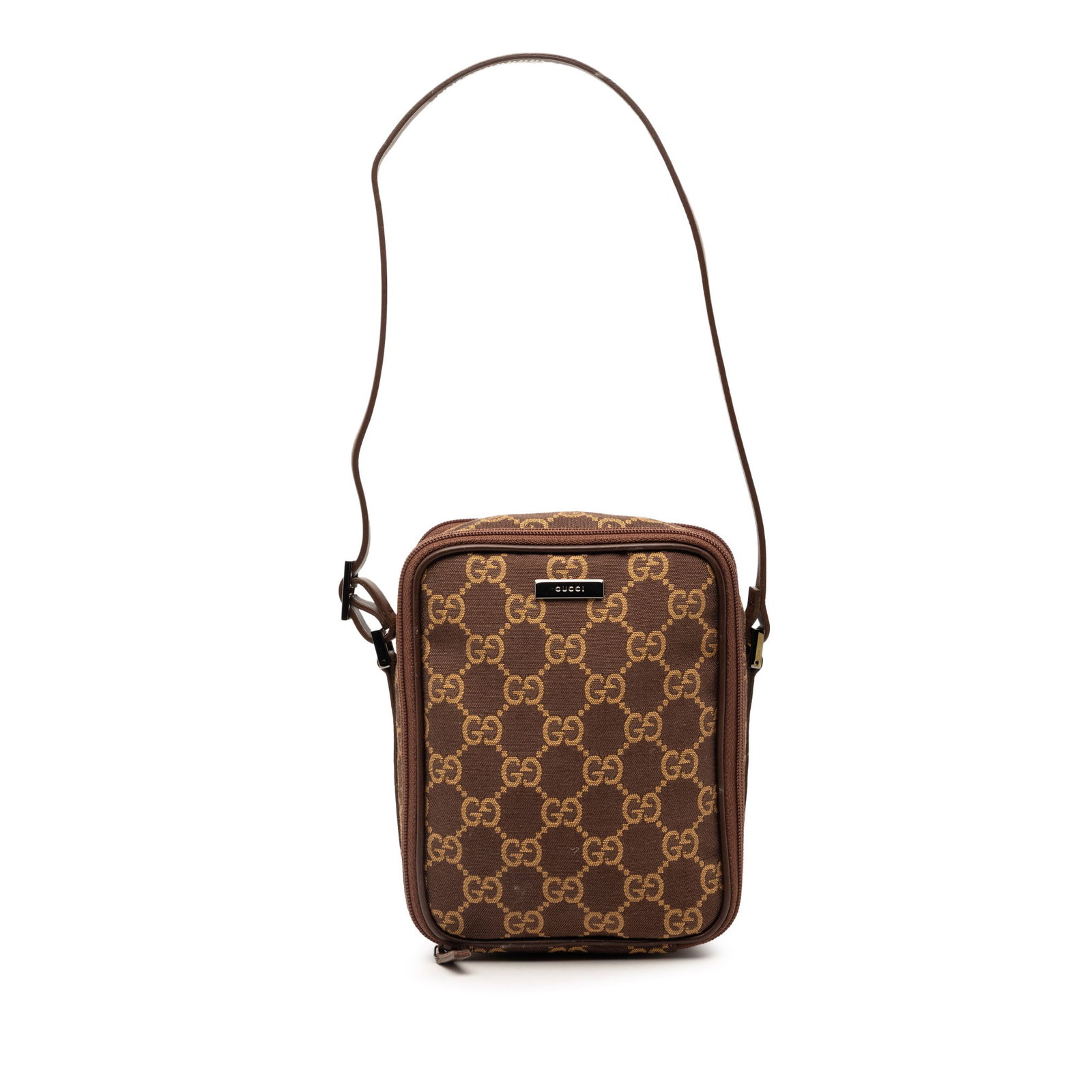 Gucci GG Canvas Mini Crossbody Bag Dual Zip Brown: Gucci GG Canvas Mini Crossbody Bag Dual Zip Brown This Gucci Mini GG Canvas Double Zip Crossbody bag is crafted from brown fabric with a flat leather strap. It features dual zip compartments and an in