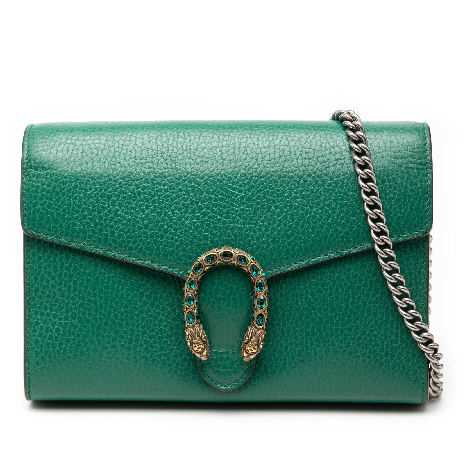 Green Leather Dionysus Chain Wallet by Gucci with Silver-Tone Strap: Green Leather Dionysus Chain Wallet by Gucci with Silver-Tone Strap This Gucci Dionysus Wallet on Chain features a green leather body accented with a silver-tone curb chain strap. It is designed with 