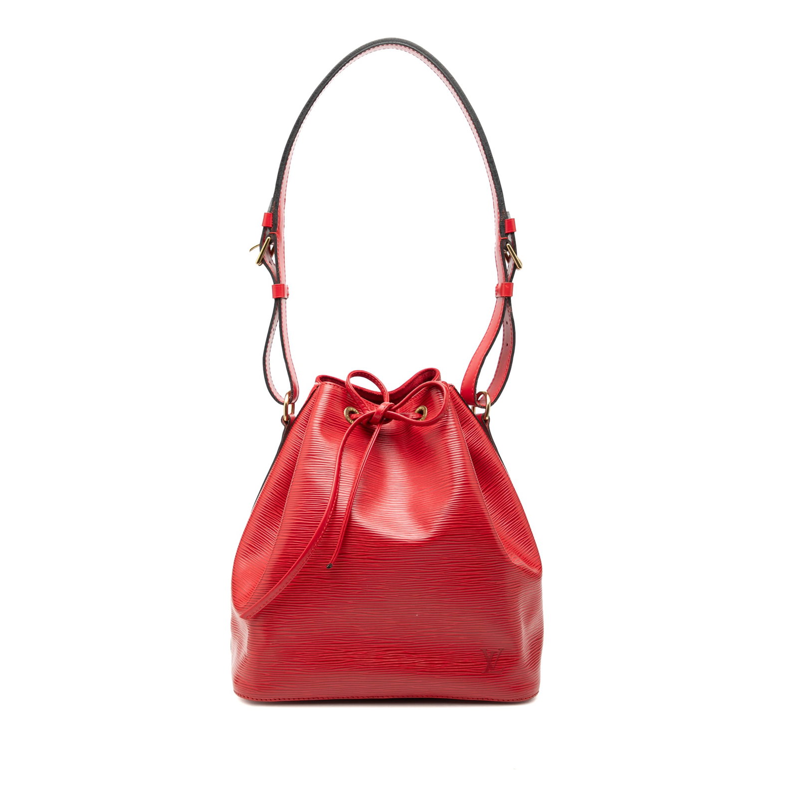 Louis Vuitton Petit Noe Epi Red Leather Bucket Bag: Louis Vuitton Petit Noe Epi Red Leather Bucket Bag This Louis Vuitton Epi Petit Noe bag features a distinctive epi leather body in red, complemented by an adjustable flat leather strap and an open top