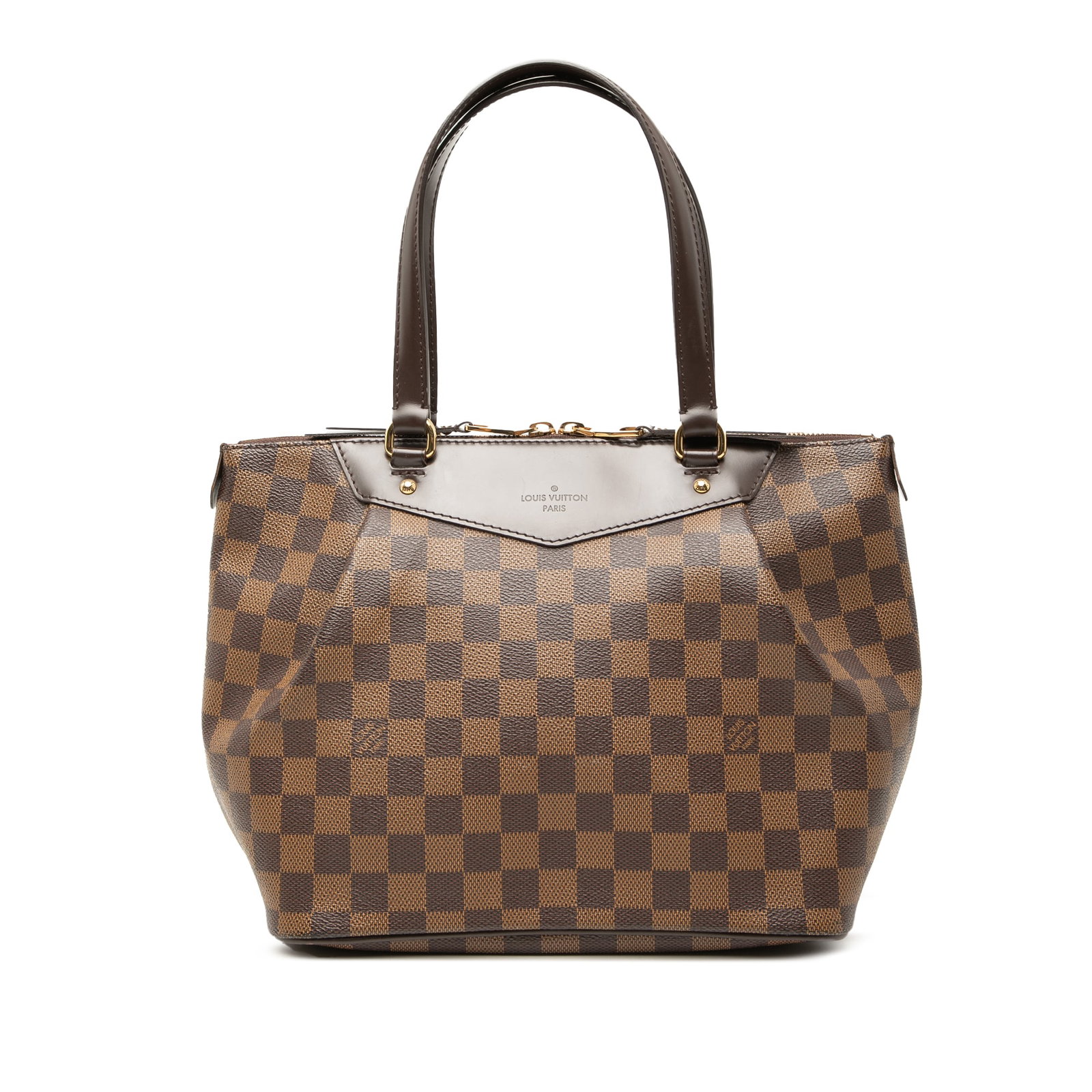 Louis Vuitton Damier Ebene PM Tote Bag: Louis Vuitton Damier Ebene PM Tote Bag This Louis Vuitton Damier Ebene Westminster PM features the signature brown Damier Ebene canvas, complemented by flat leather straps and a top zip closure. The b