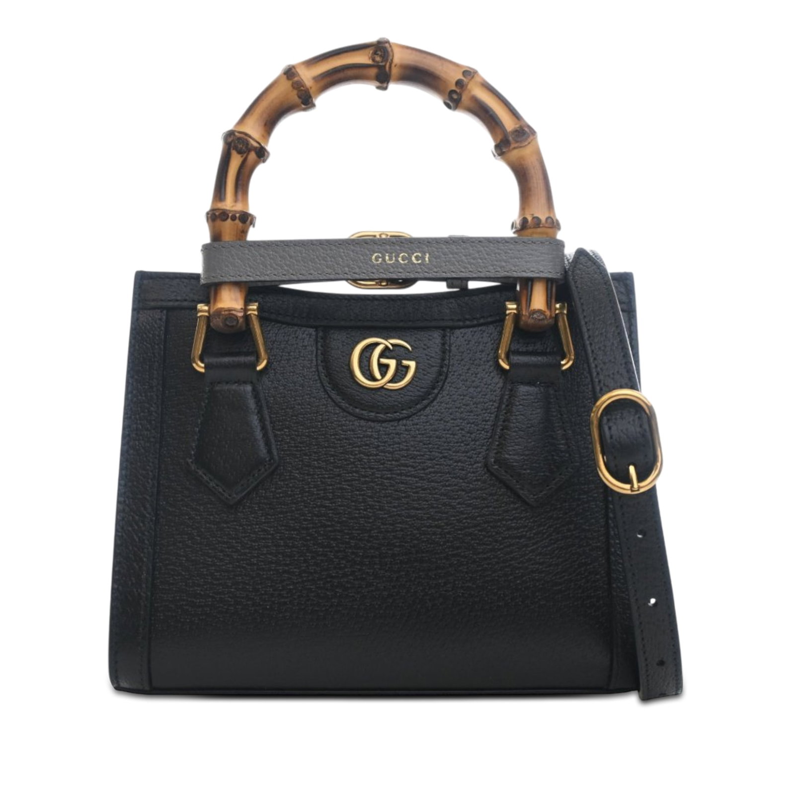 Gucci Black Leather Bamboo Diana Satchel with Dust Bag: Gucci Black Leather Bamboo Diana Satchel with Dust Bag This Gucci Small Calfskin Bamboo Diana Satchel features a black leather body with signature bamboo handles and a detachable, adjustable flat leat