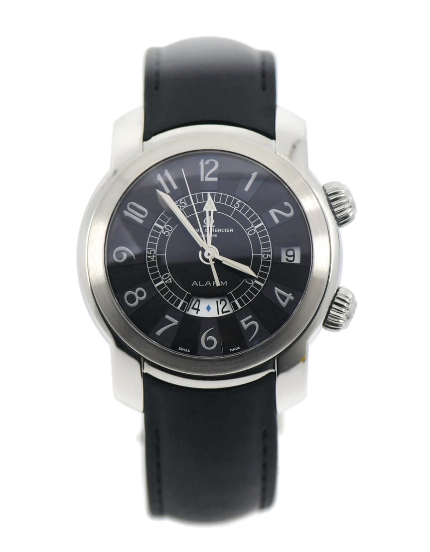 Baume Mercier Capeland Alarm 39mm Stainless Steel Automatic Watch: Baume Mercier Capeland Alarm 39mm Stainless Steel Automatic Watch This Baume & Mercier Capeland Alarm wristwatch features a stainless steel case and a black rubber band. The watch has a round, analog 