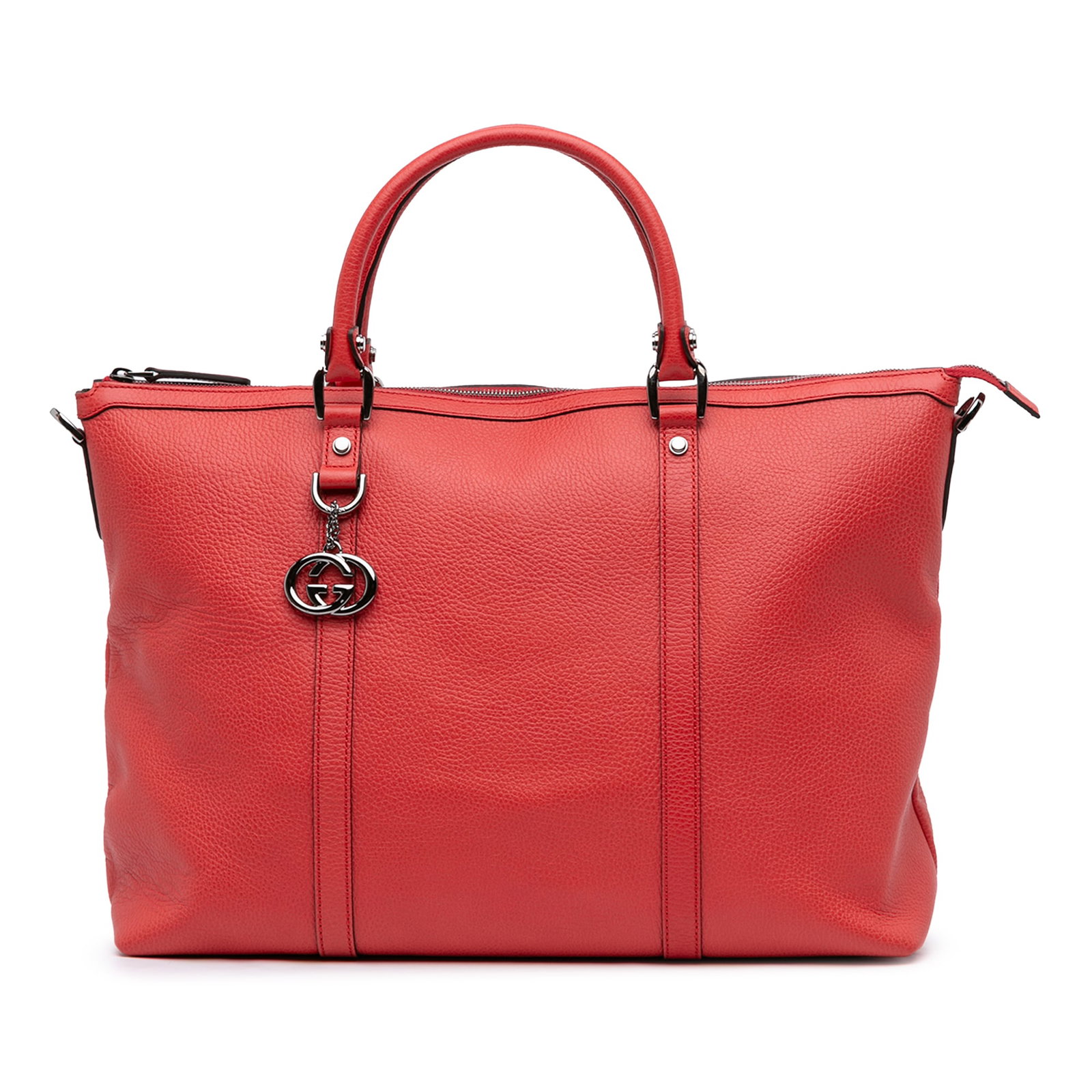 Red Leather Satchel with GG Charm and Top Zip by Gucci: Red Leather Satchel with GG Charm and Top Zip by Gucci This Gucci Leather GG Charm Satchel features a red leather body with rolled leather handles, a top zip closure, and interior zip and slip pockets