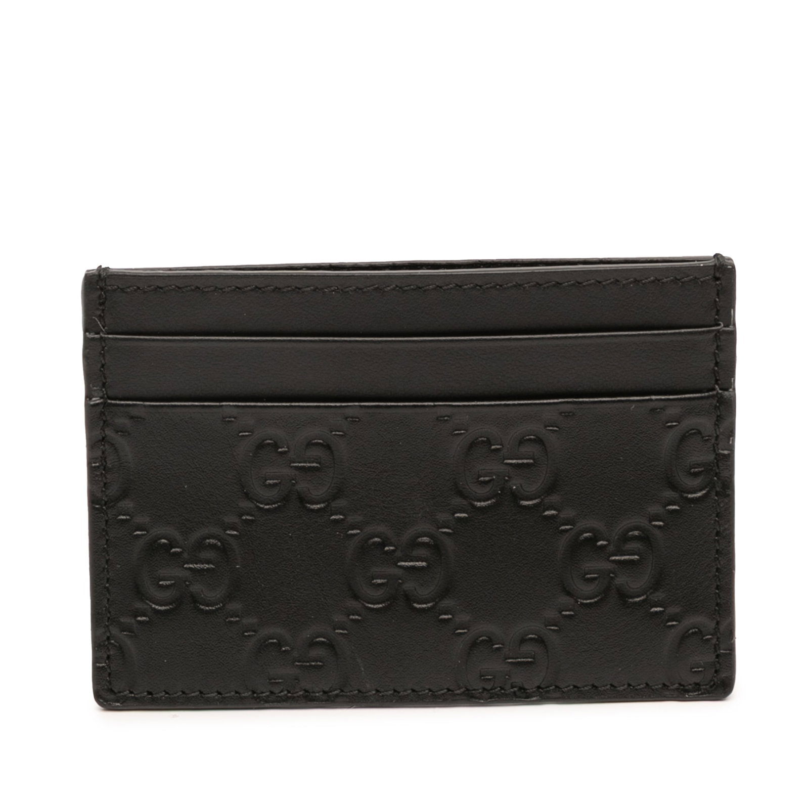 Gucci Black Leather Embossed Card Case with Multiple Card Slots: Gucci Black Leather Embossed Card Case with Multiple Card Slots This Guccissima card holder features an embossed leather exterior with dedicated card slots. The item is crafted in Italy and comes in a