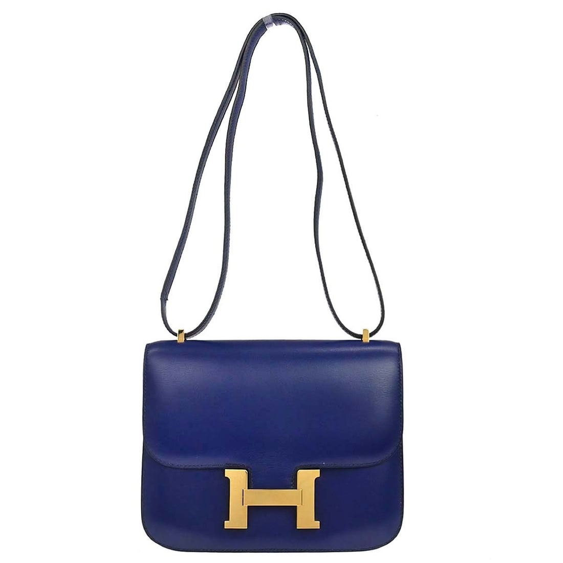 Hermes Constance 18 Blue Saphir Box Calf Shoulder Bag: Hermes Constance 18 Blue Saphir Box Calf Shoulder Bag This Hermes Constance 18 shoulder bag features a striking blue leather exterior and gold-colored hardware. The mini-sized bag offers a compact yet