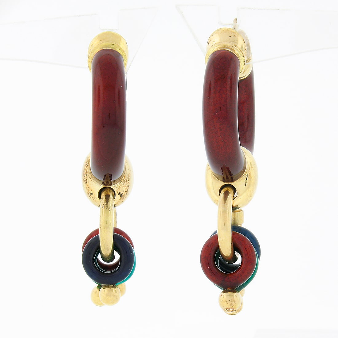 Estate 18k Yellow Gold Red Enamel Drop Dangle Hoop Earrings: Estate 18k Yellow Gold Red Enamel Drop Dangle Hoop Earrings These exquisite estate earrings feature a stunning design crafted from solid 18k yellow gold, showcasing a unique drop dangle style. The ear