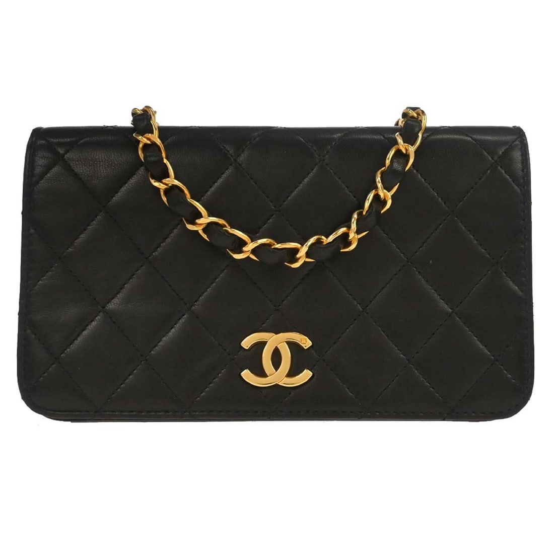 Mini Matelasse Quilted Lambskin Full Flap Crossbody by Chanel: Mini Matelasse Quilted Lambskin Full Flap Crossbody by Chanel This Chanel Mini Full Flap Shoulder Bag features black lambskin leather with a matelasse quilted pattern. It has a push lock flap closure,