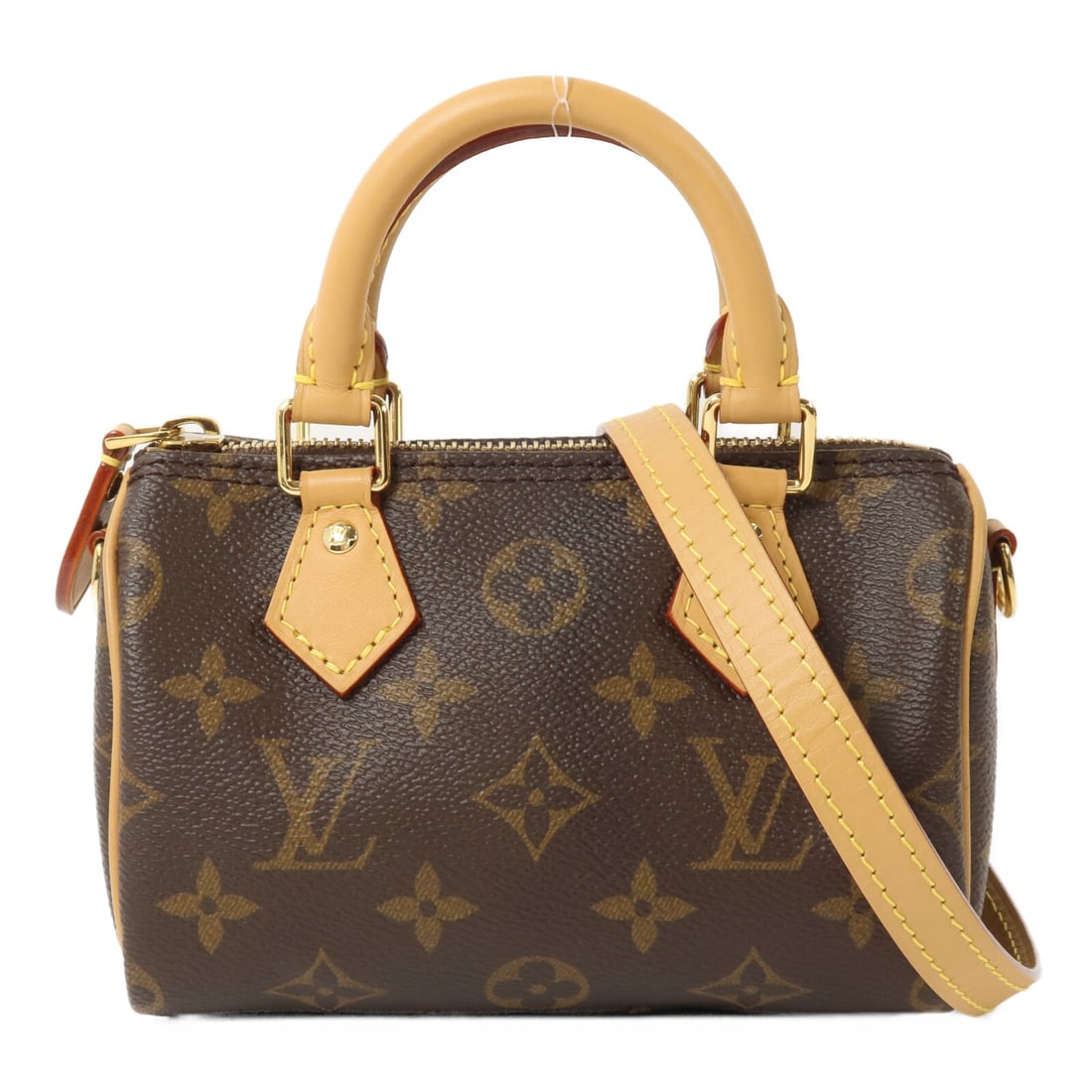 Louis Vuitton Nano Speedy Monogram Brown GHW 2 Way Shoulder Bag M81085: Louis Vuitton Nano Speedy Monogram Brown GHW 2 Way Shoulder Bag M81085 This Louis Vuitton Nano Speedy 2-way shoulder bag features the iconic Monogram pattern in brown PVC coated canvas. Designed for v