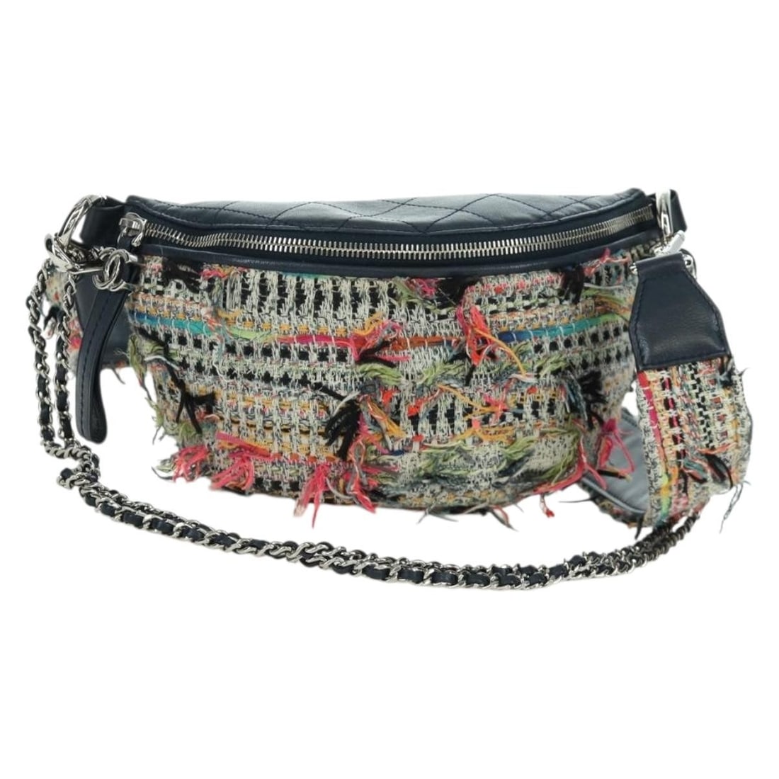 Chanel Multicolor Tweed Matelasse Shoulder Bag with Silver Chain and CC Logo: Chanel Multicolor Tweed Matelasse Shoulder Bag with Silver Chain and CC Logo This CHANEL Matelasse Chain Bag features a stylish multicolor and silver design crafted from leather and tweed. Designed fo