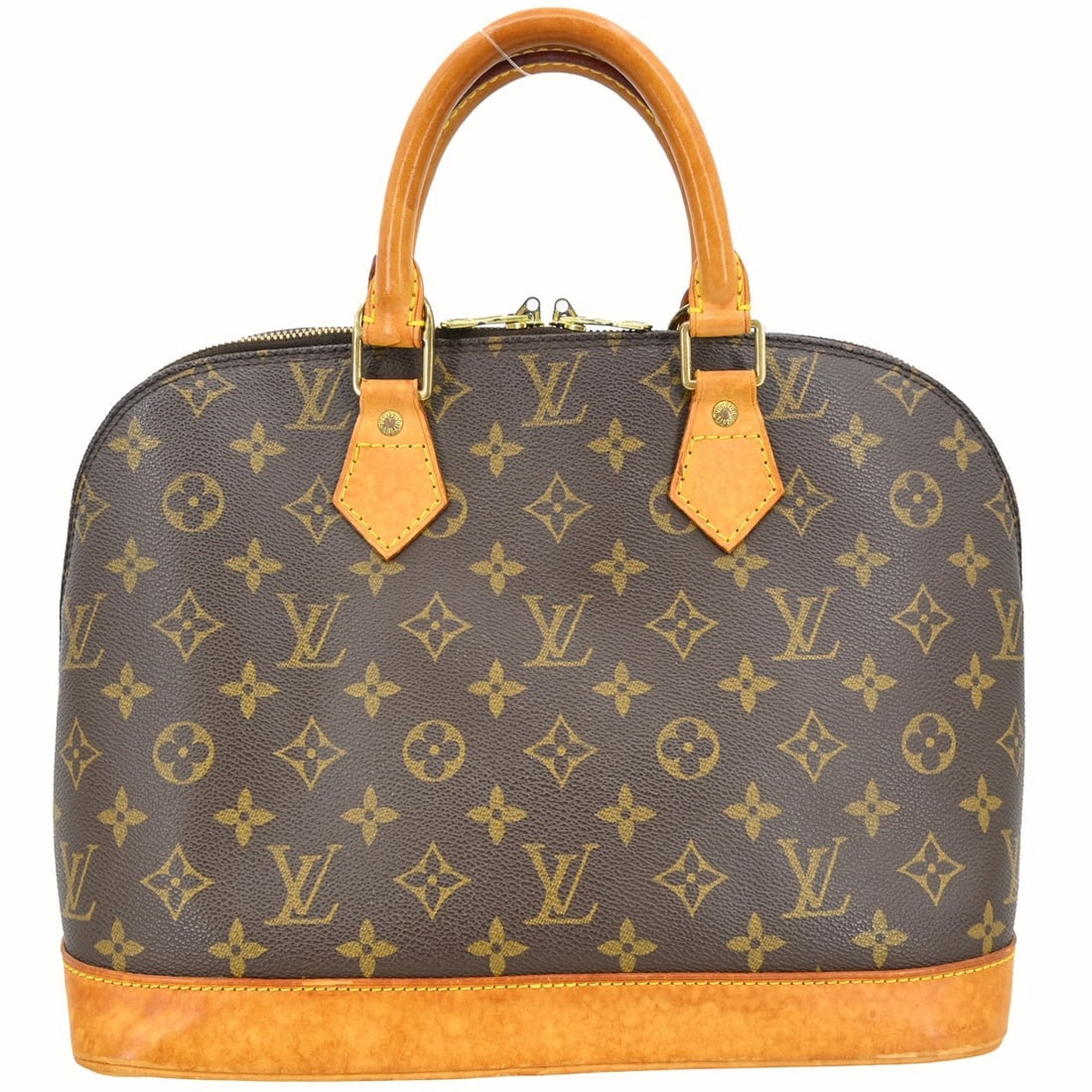 Louis Vuitton Alma Monogram Canvas Zip Handbag: Louis Vuitton Alma Monogram Canvas Zip Handbag This Louis Vuitton Alma handbag features the iconic monogram canvas, complemented by beige double handles and a brown canvas lining. The bag is medium-si