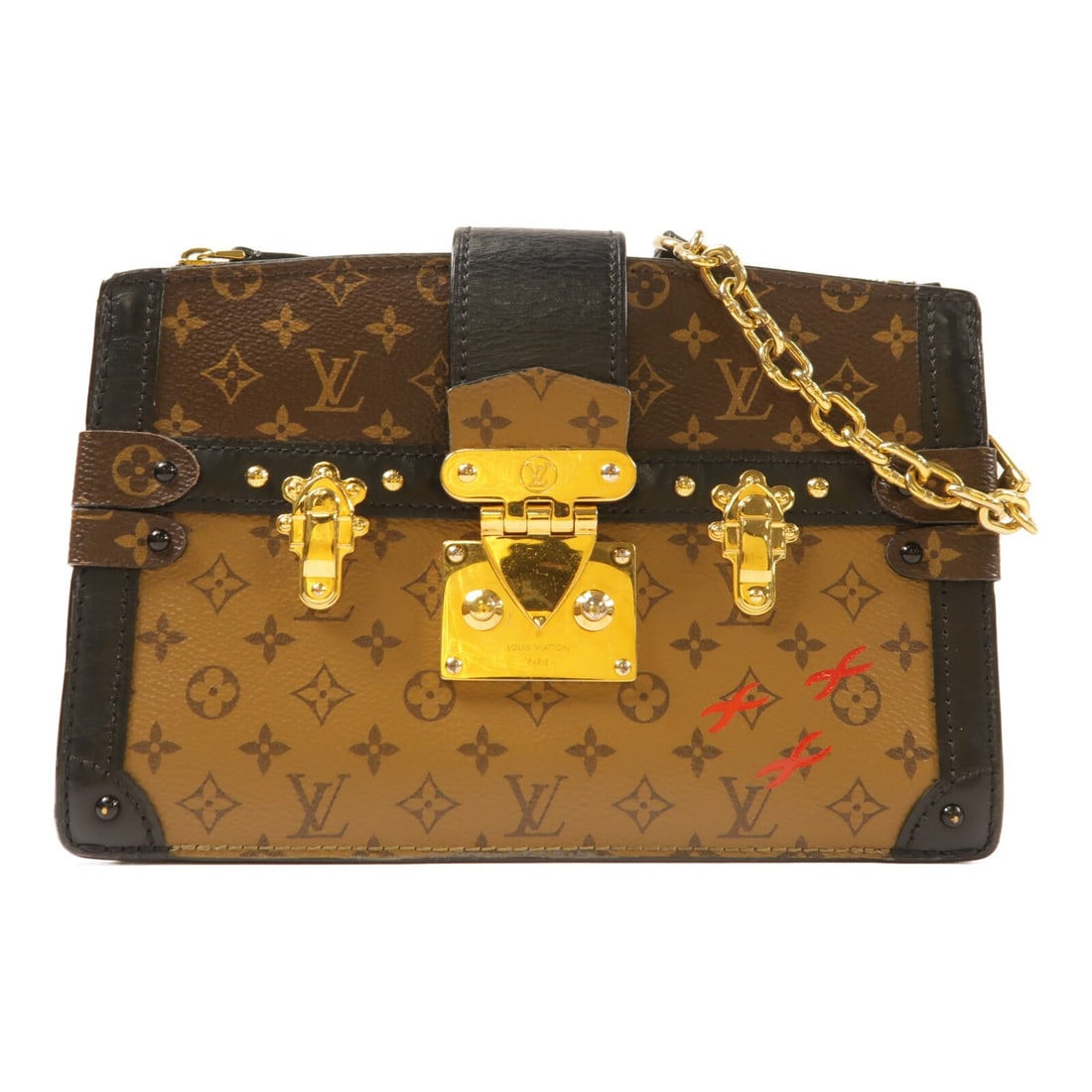 Louis Vuitton Monogram Reverse Trunk Clutch Shoulder Bag M43596 Brown PVC Canvas: Louis Vuitton Monogram Reverse Trunk Clutch Shoulder Bag M43596 Brown PVC Canvas This Louis Vuitton Trunk Clutch Shoulder Bag showcases the iconic Monogram Reverse pattern in brown PVC coated canvas. 