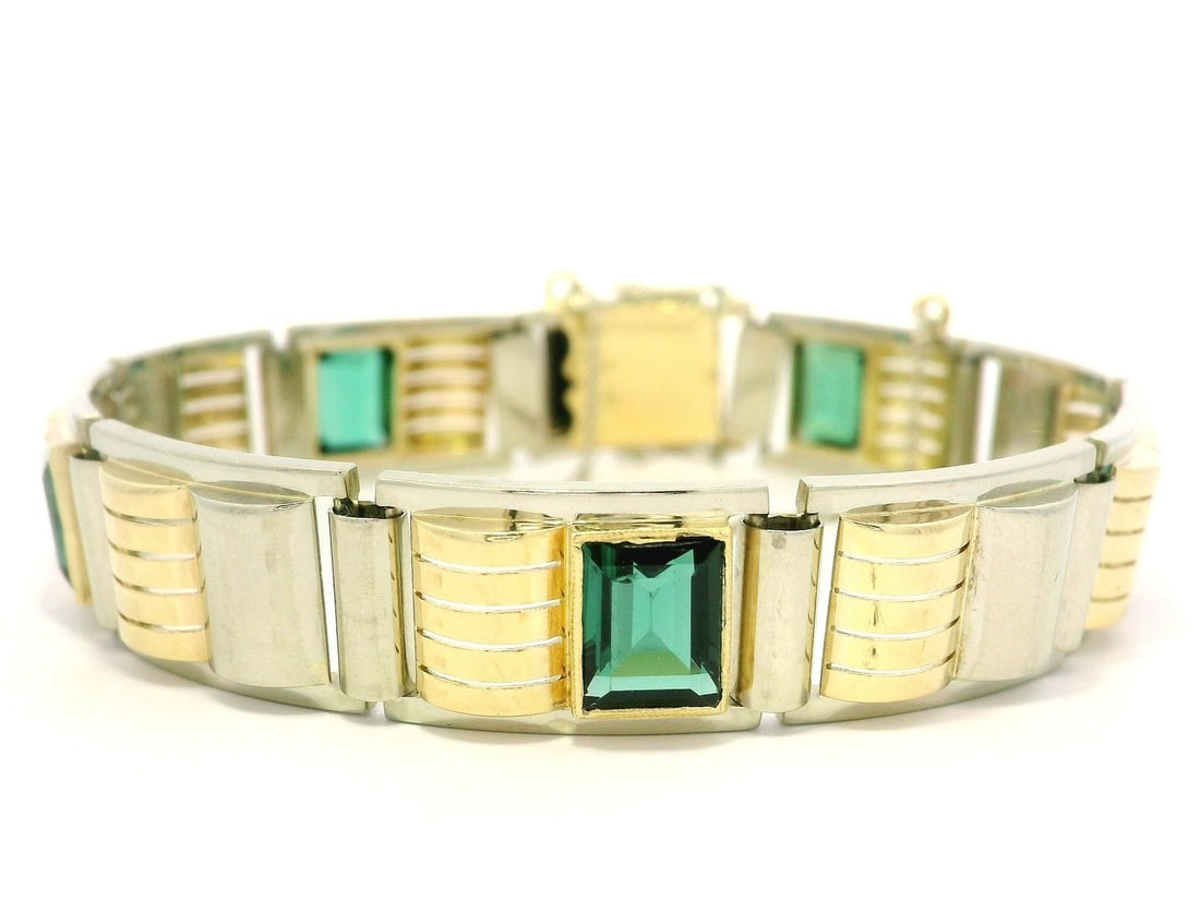Vintage 14k Gold 7.50ct Tourmaline Geometric Line Bracelet: Vintage 14k Gold 7.50ct Tourmaline Geometric Line Bracelet This Vintage Retro Solid 14k Gold Bracelet showcases a stunning geometric line design adorned with five natural genuine tourmalines. Each sto