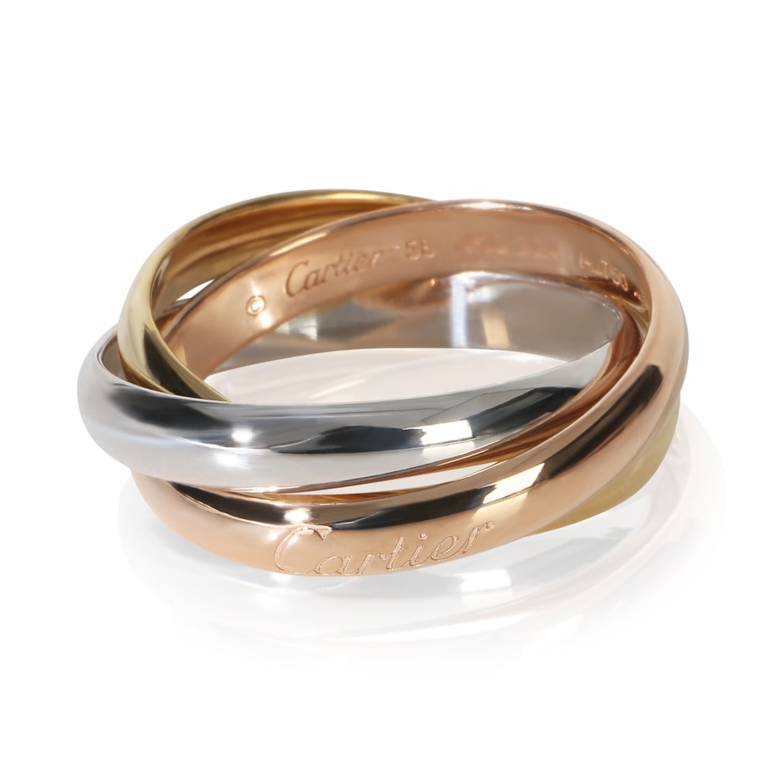 Cartier Classic Trinity 18k 3 Tone Gold Ring Size 8.25: Cartier Classic Trinity 18k 3 Tone Gold Ring Size 8.25 This Cartier Classic Trinity Ring features an elegant design crafted from 18k three-tone gold. The ring is unisex and comes in size 8.25. It is o