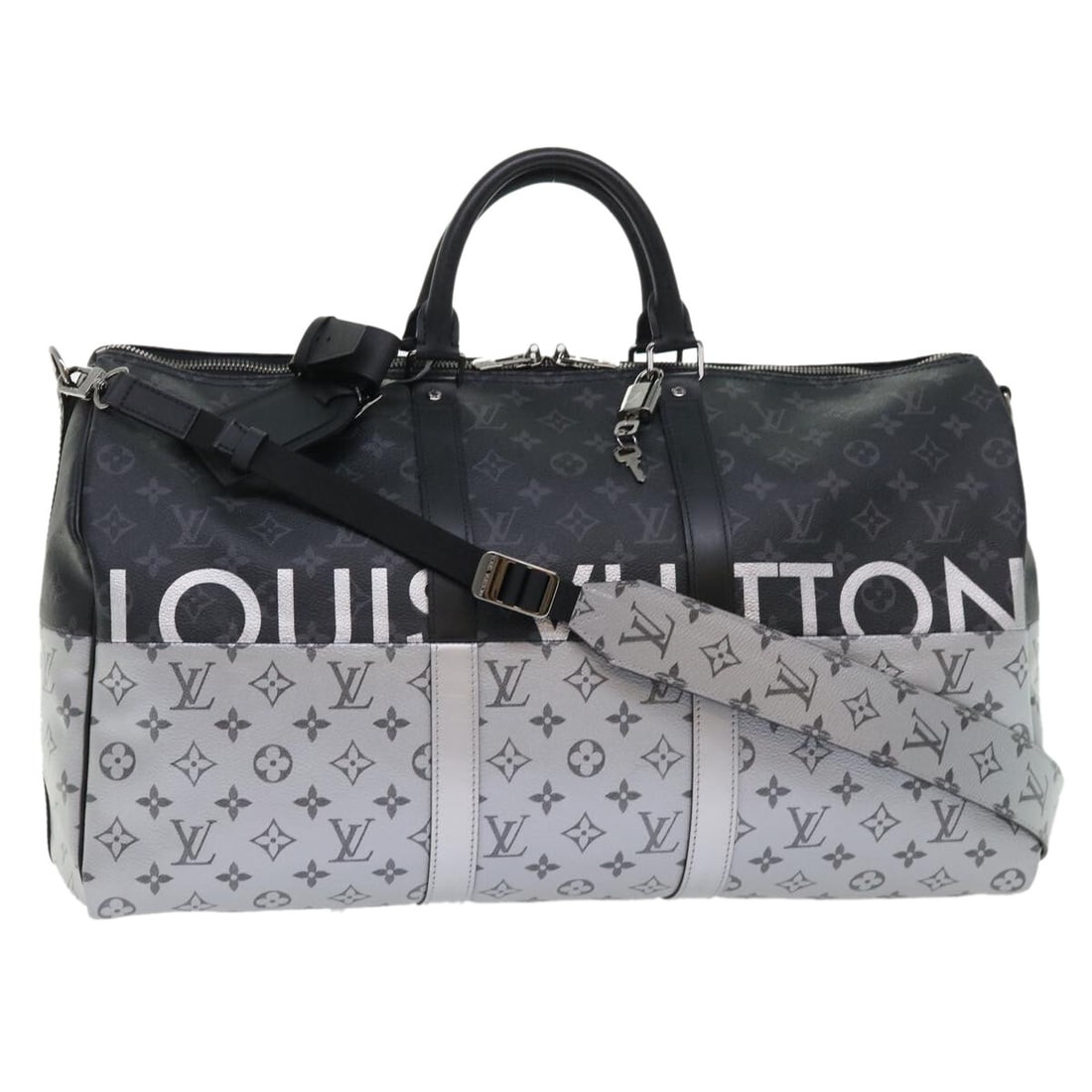Louis Vuitton Monogram Eclipse Keepall Bandouliere Canvas Bag 50cm: Louis Vuitton Monogram Eclipse Keepall Bandouliere Canvas Bag 50cm Louis Vuitton Keepall Bandouliere Bag crafted from monogram Eclipse split canvas. This pre-owned women's bag features a black color a