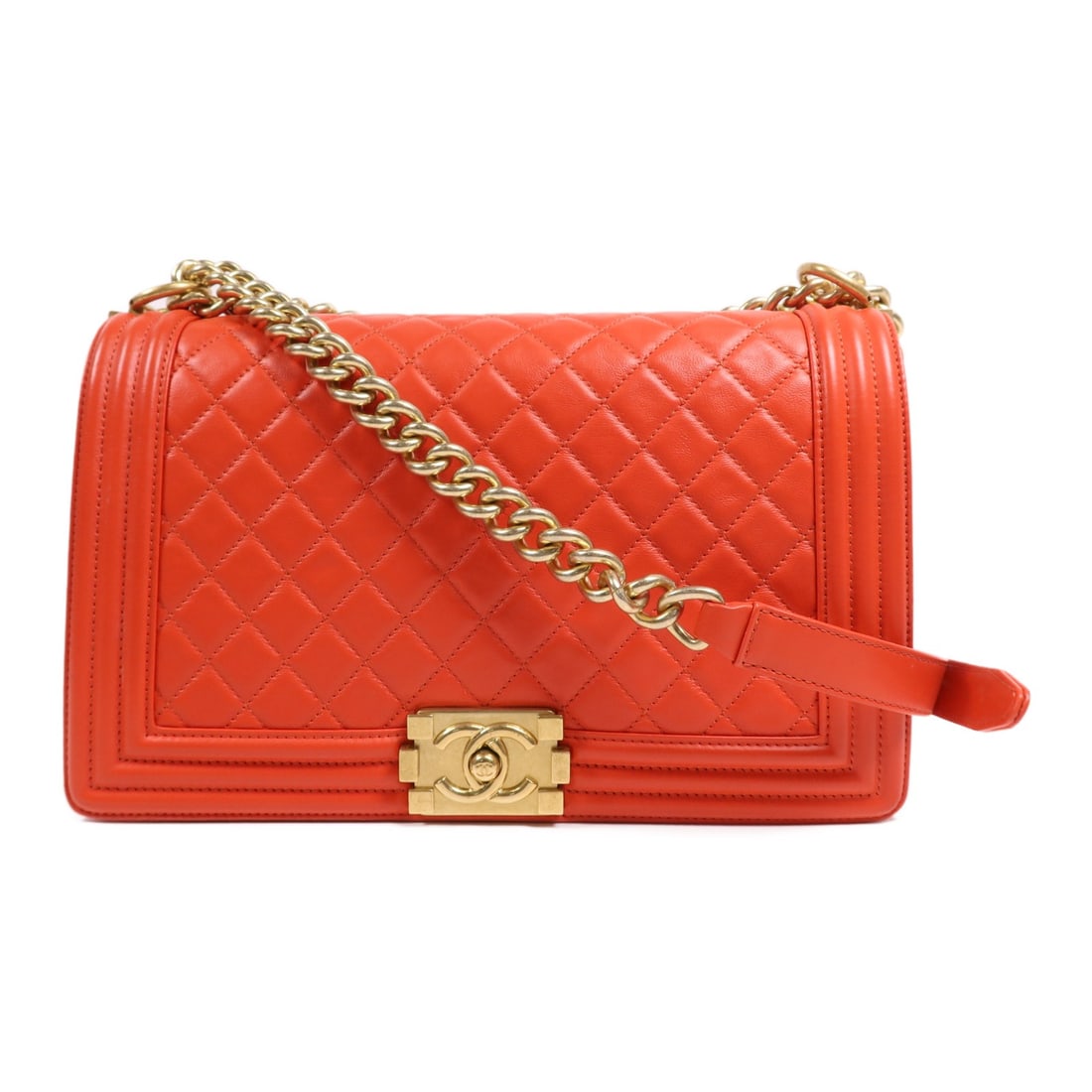 CHANEL Boy 28 Orange Calfskin Chain Shoulder Bag: CHANEL Boy 28 Orange Calfskin Chain Shoulder Bag This CHANEL Boy shoulder bag features the signature CC design with gold hardware and is crafted from luxurious orange calfskin leather. Made in France,