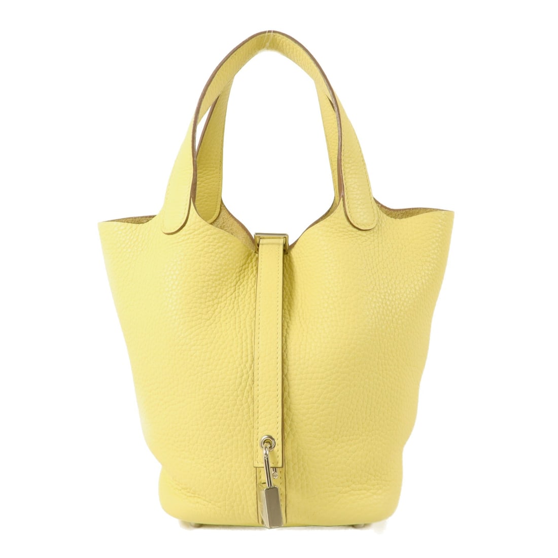 Hermes Picotin PM Yellow Clemence Leather Tote Bag: Hermes Picotin PM Yellow Clemence Leather Tote Bag This Hermes Picotin PM tote bag features luxurious Clemence leather in a vibrant Jaune Poussin yellow. Designed for women, the tote offers a compact 
