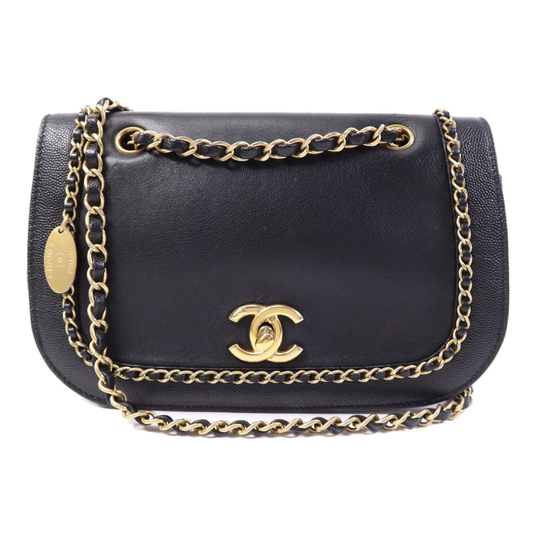 CHANEL Black Calfskin Leather Shoulder Bag with Gold Hardware: CHANEL Black Calfskin Leather Shoulder Bag with Gold Hardware This elegant CHANEL shoulder bag is crafted from premium black calfskin leather, showcasing the brand's iconic CC logo. Its compact design