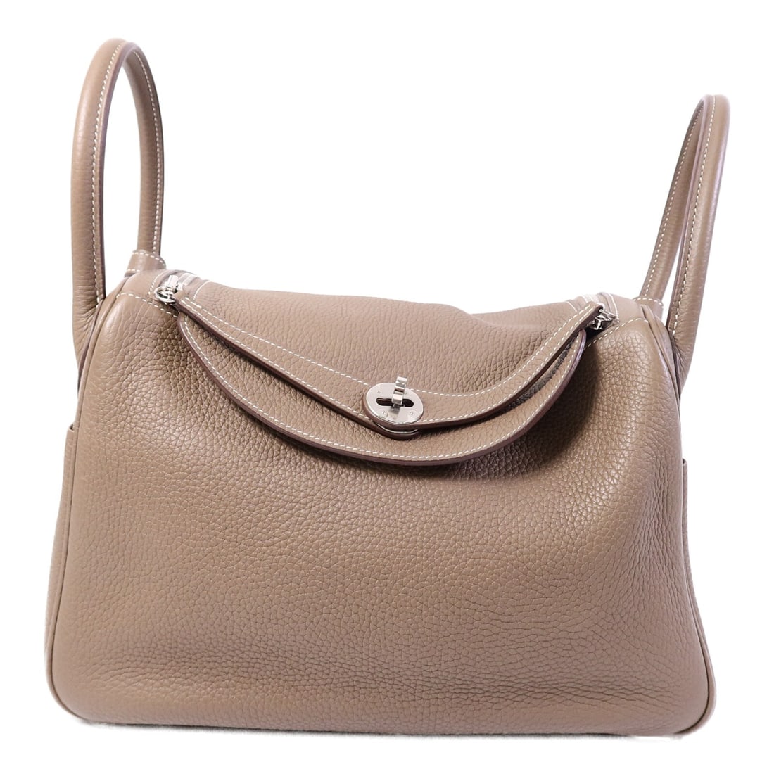Hermes Lindy 30 Etoupe Calfskin Shoulder Bag PHW: Hermes Lindy 30 Etoupe Calfskin Shoulder Bag PHW This Hermes Lindy 30 is a versatile 2-way shoulder bag crafted from Clemence calfskin leather in an elegant gray tone. Made in France, this bag feature