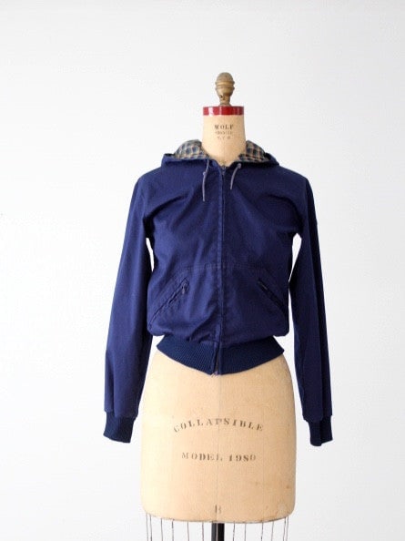 1970s Sportif Vintage Blue Zip Up Jacket with Plaid Hood (1 of 7)