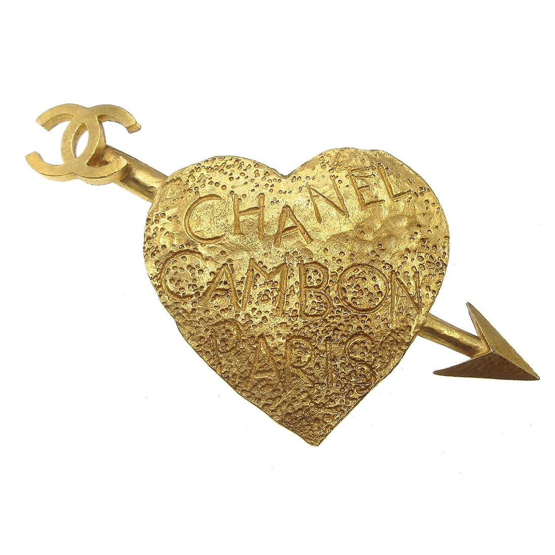 Chanel Gold-Plated Bow and Arrow Heart Brooch Pin 4in 93A: Chanel Gold-Plated Bow and Arrow Heart Brooch Pin 4in 93A This exquisite Chanel Bow and Arrow Heart Brooch Pin showcases a stunning gold-plated finish, making it a perfect accessory to elevate your st
