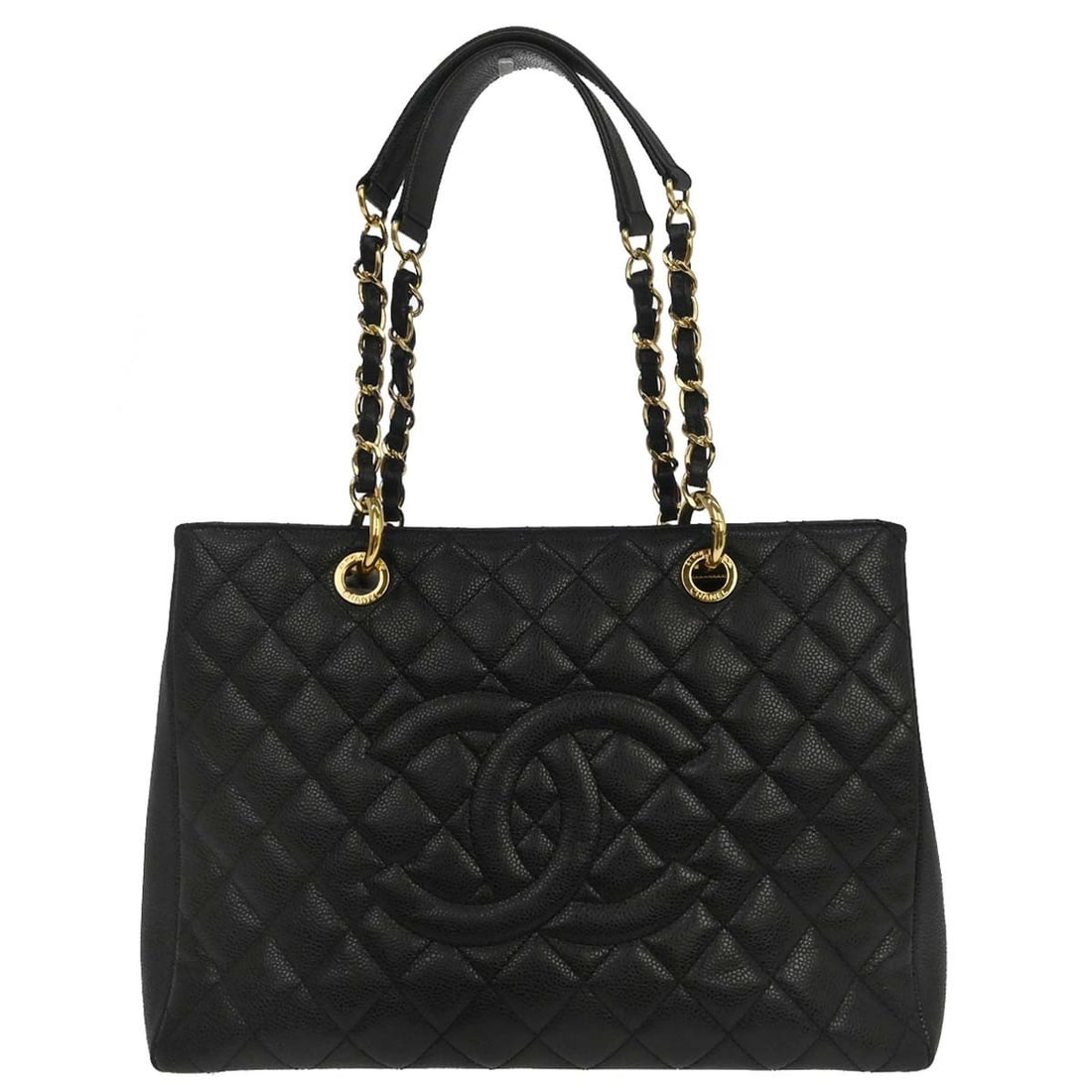 CHANEL Black Calfskin GST Chain Tote Handbag: CHANEL Black Calfskin GST Chain Tote Handbag This Chanel Grand Shopping Tote (GST) is crafted from black calfskin leather and features the iconic chain handles with double straps. Designed in a large 