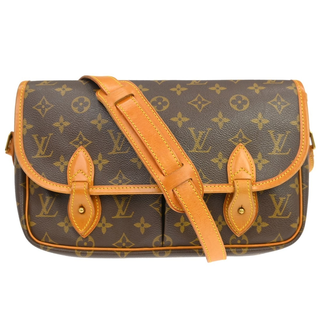 Louis Vuitton Gibeciere MM Monogram Canvas Shoulder Bag: Louis Vuitton Gibeciere MM Monogram Canvas Shoulder Bag This Louis Vuitton Gibeciere MM shoulder bag features the iconic monogram canvas leather exterior in brown, complemented by a buckle flap closur