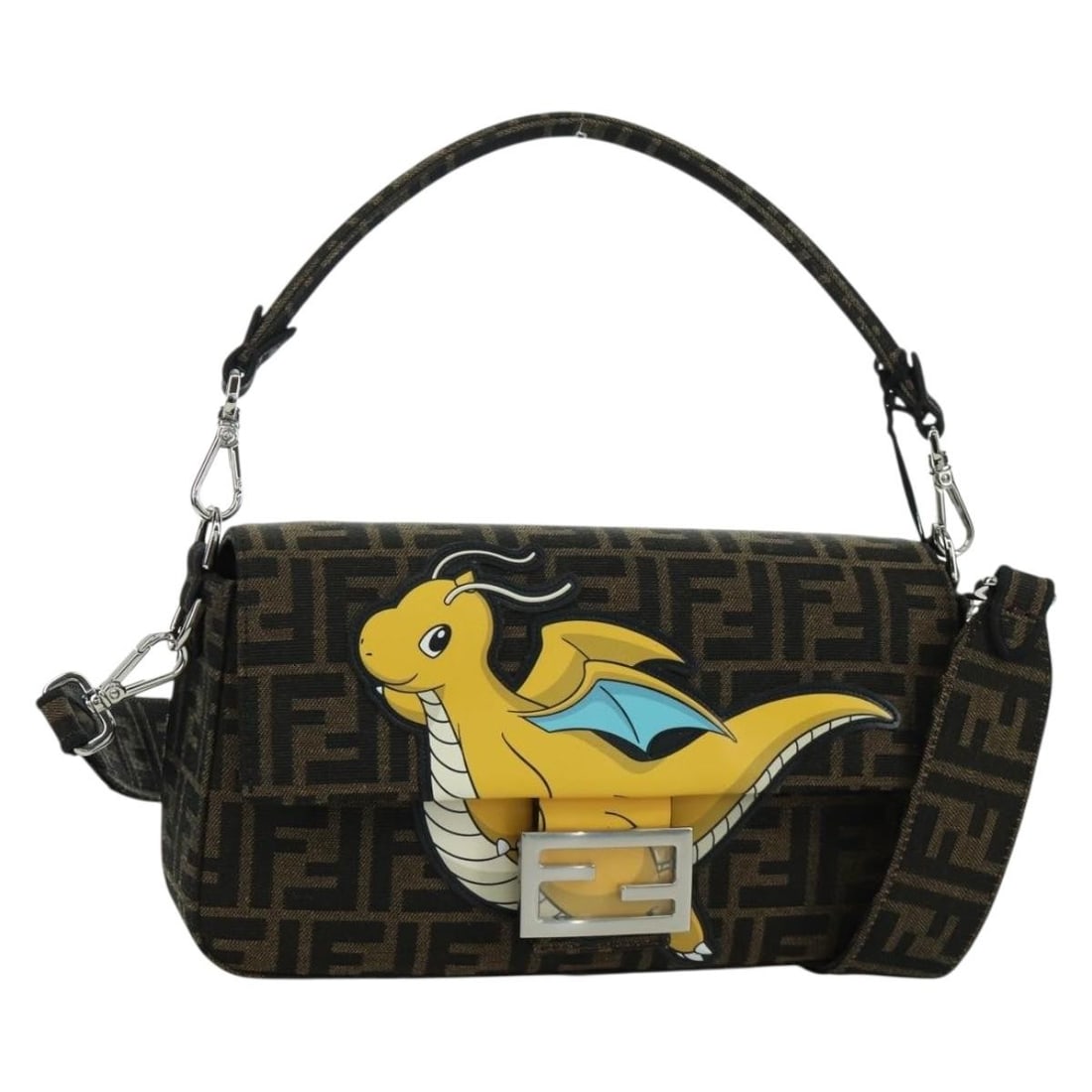 Fendi Mamma Baguette Zucca Canvas Shoulder Bag Black Brown Dragonfly FRGMT Pokemon: Fendi Mamma Baguette Zucca Canvas Shoulder Bag Black Brown Dragonfly FRGMT Pokemon This FENDI Zucca Canvas Dragonfly FRGMT POKEMON Mamma Baguette shoulder bag features a stylish black and brown Zucca 