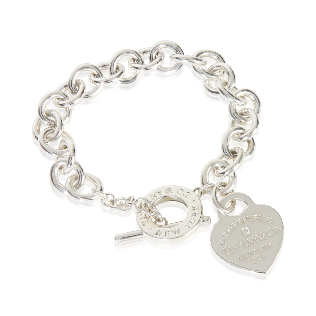 Tiffany & Co. Return To Tiffany sterling silver diamond toggle bracelet: Tiffany & Co. Return To Tiffany sterling silver diamond toggle bracelet This pre-owned Tiffany & Co. Return To Tiffany bracelet is crafted from sterling silver and features a round brilliant diamond a