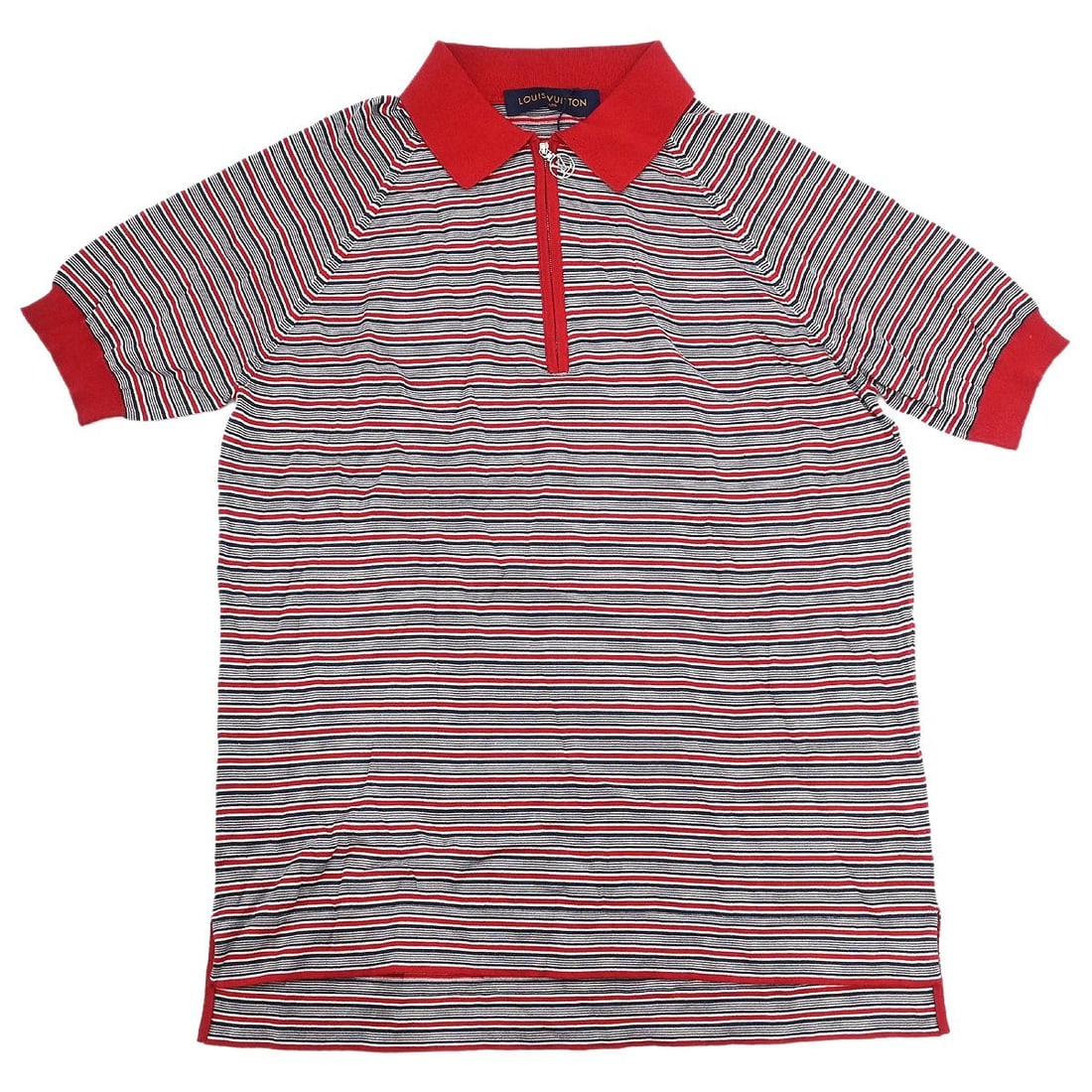 Louis Vuitton red short sleeve polo top women M: Louis Vuitton red short sleeve polo top women M This Louis Vuitton short sleeve top features a collared neckline and is designed for casual occasions. Crafted from a luxurious blend of cotton, silk, a