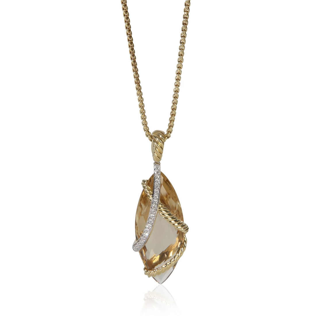 David Yurman Cable Wrap Citrine Diamond Pendant 18k Yellow Gold: David Yurman Cable Wrap Citrine Diamond Pendant 18k Yellow Gold This David Yurman Cable Wrap pendant features a round brilliant citrine as the main stone, complemented by diamond side stones with a to