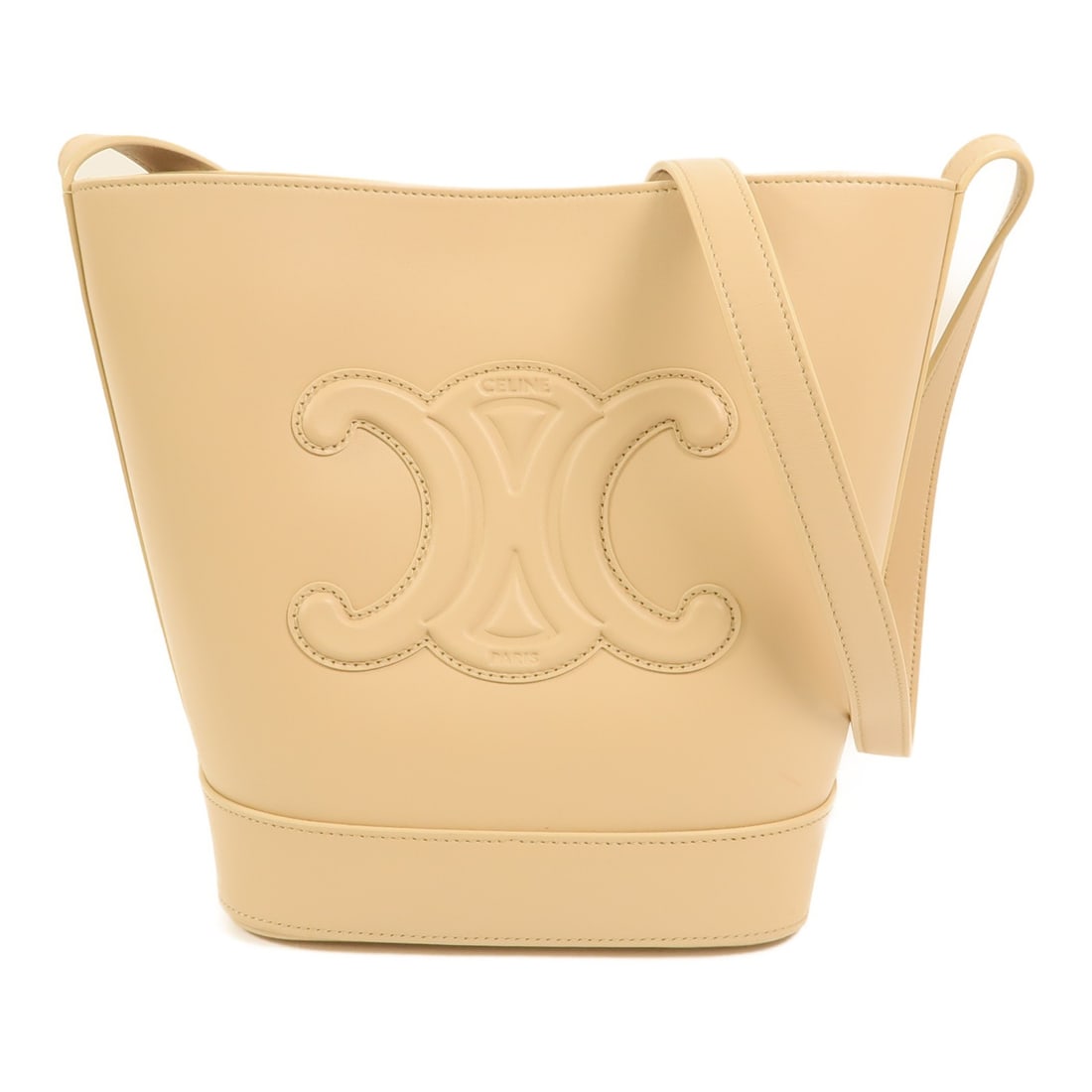 CELINE Triomphe Beige Calfskin Leather Shoulder Bag with Gold Hardware: CELINE Triomphe Beige Calfskin Leather Shoulder Bag with Gold Hardware This CELINE Triomphe shoulder bag features beige calfskin leather with gold tone hardware. Designed for women, it offers a regula