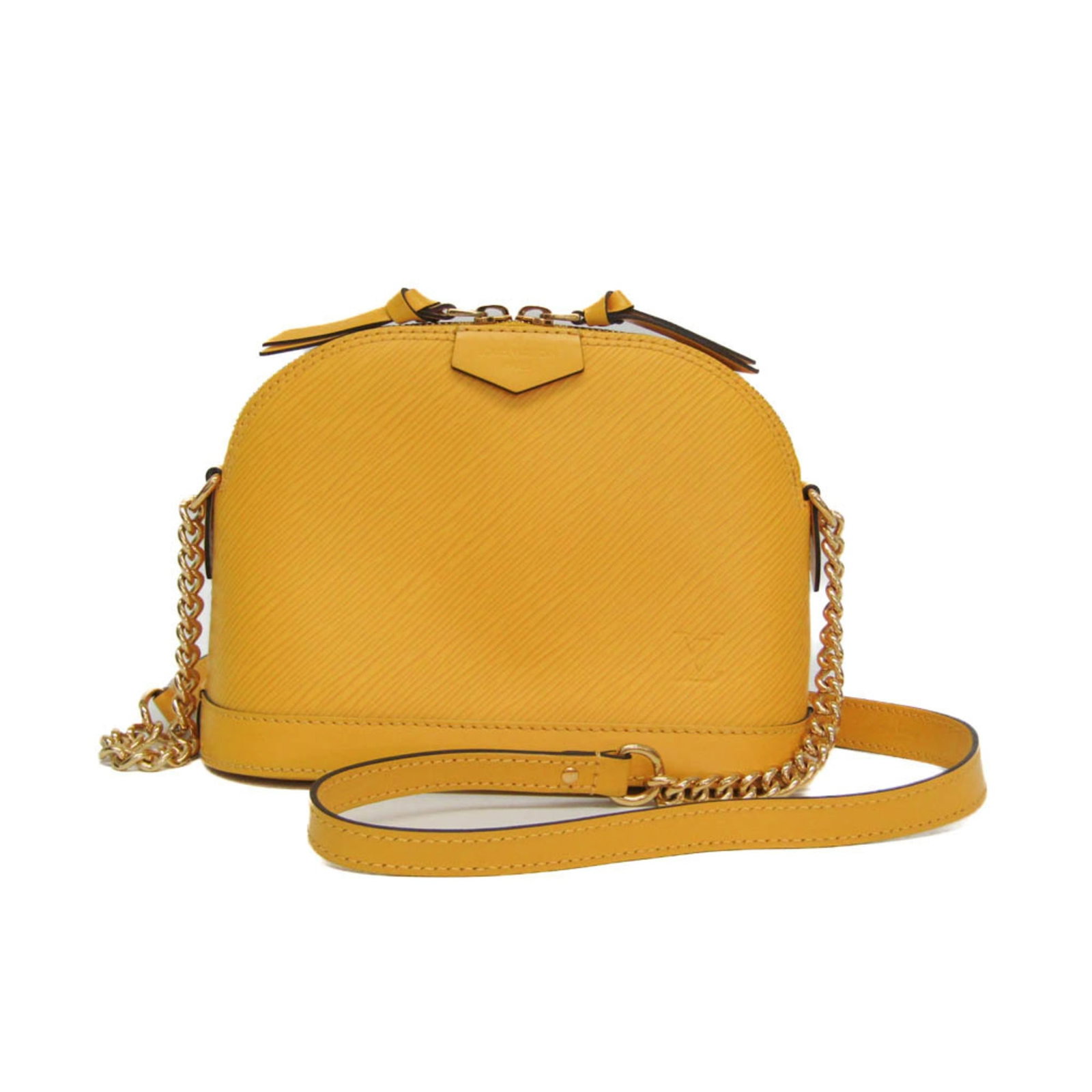 Louis Vuitton Alma Chain Epi Leather Yellow Handbag: Louis Vuitton Alma Chain Epi Leather Yellow Handbag This Louis Vuitton Alma Chain Handbag is crafted from yellow Epi leather and features a structured silhouette with chain detailing. Designed for wom